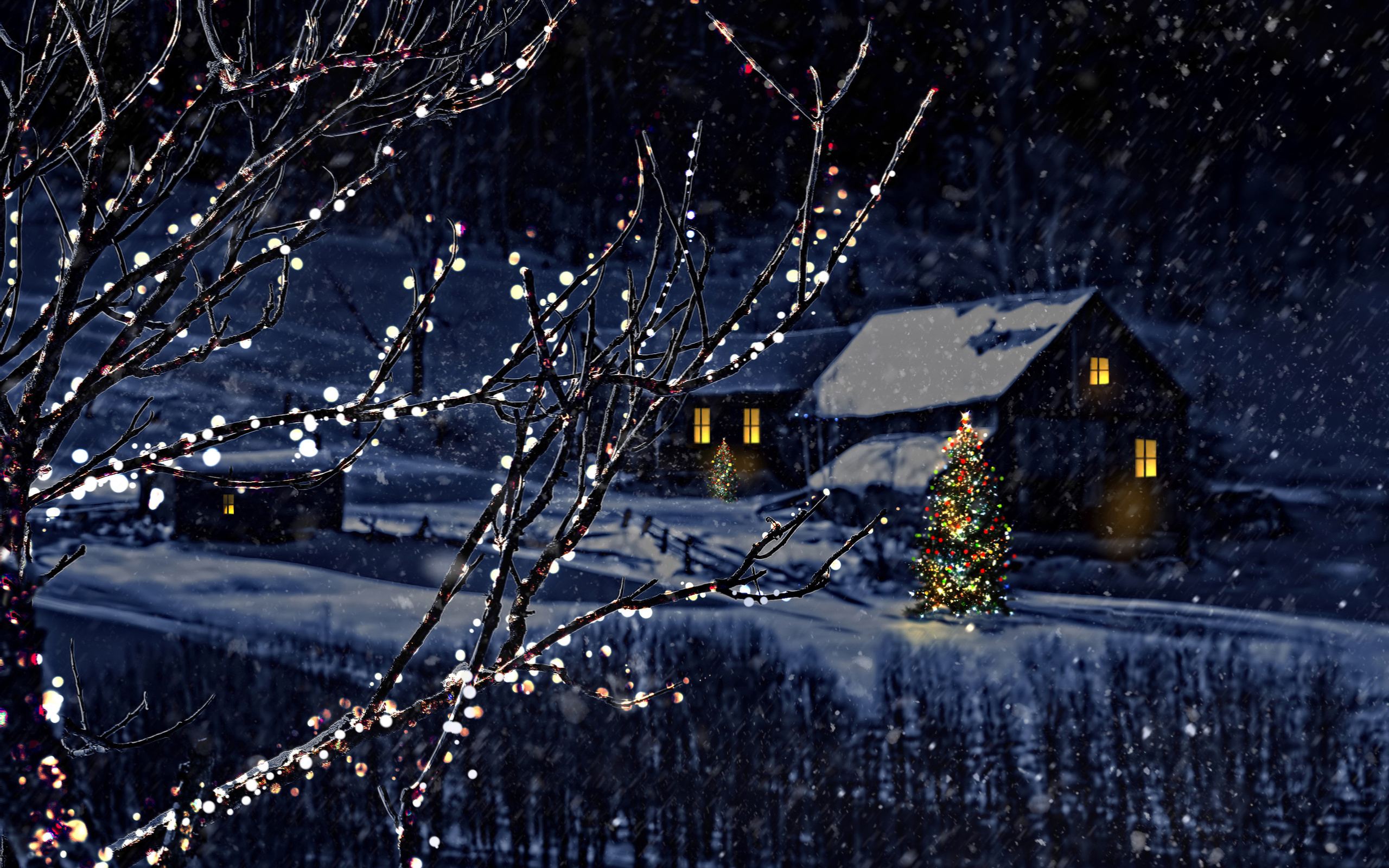 Free download wallpaper Night, Snow, Light, Tree, Christmas, Holiday, House on your PC desktop