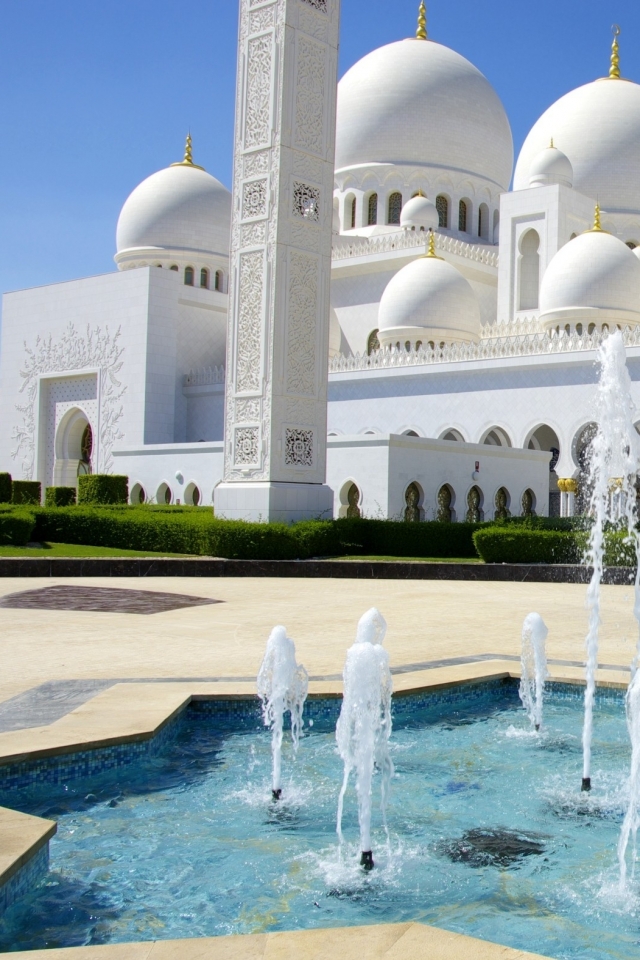 Download mobile wallpaper Fountain, United Arab Emirates, Abu Dhabi, Religious, Sheikh Zayed Grand Mosque, Mosques for free.