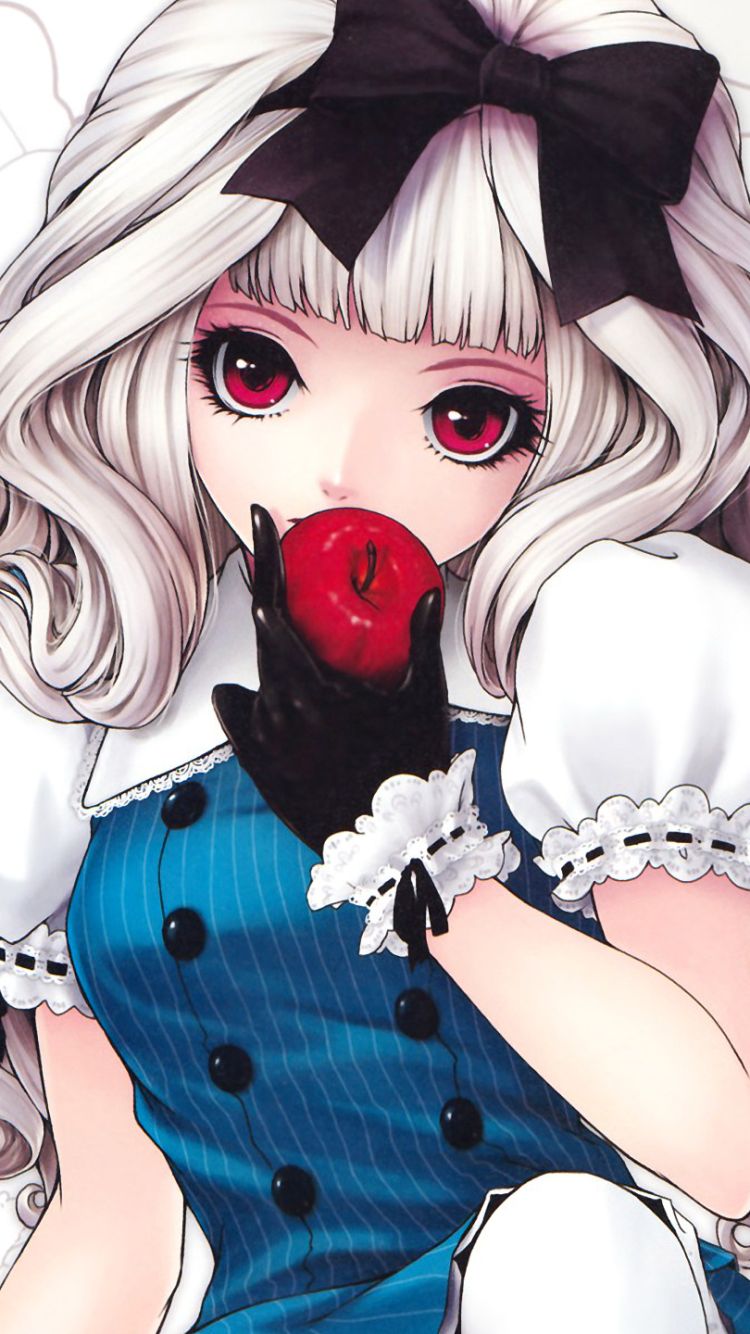 Download mobile wallpaper Anime, Apple, Girl, White Hair, Bow (Clothing) for free.