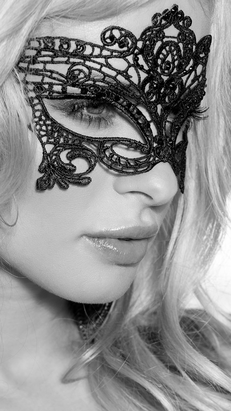 Download mobile wallpaper Mask, Blonde, Face, Photography, Black & White for free.