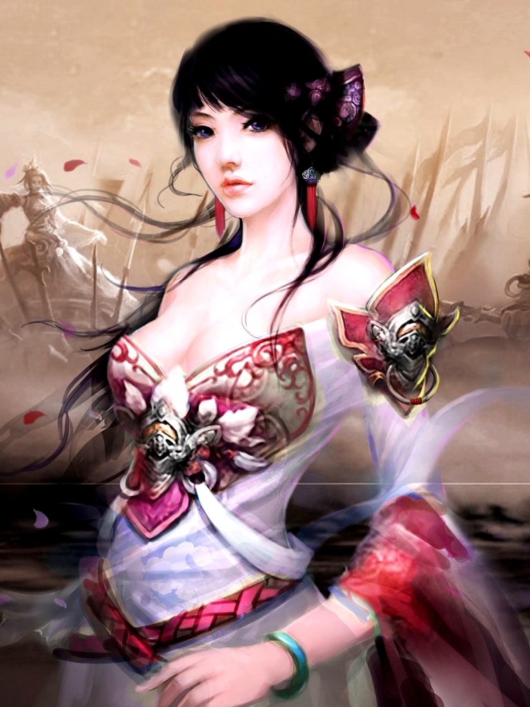 Download mobile wallpaper Fantasy, Flower, Oriental, Women, Purple Eyes for free.