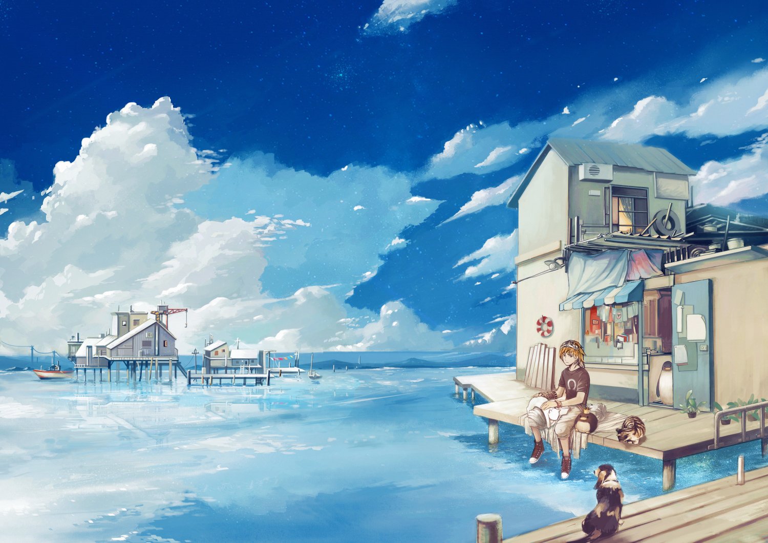 Download mobile wallpaper Anime, People, Sky, Sea, Cat, Dog, House, Original for free.