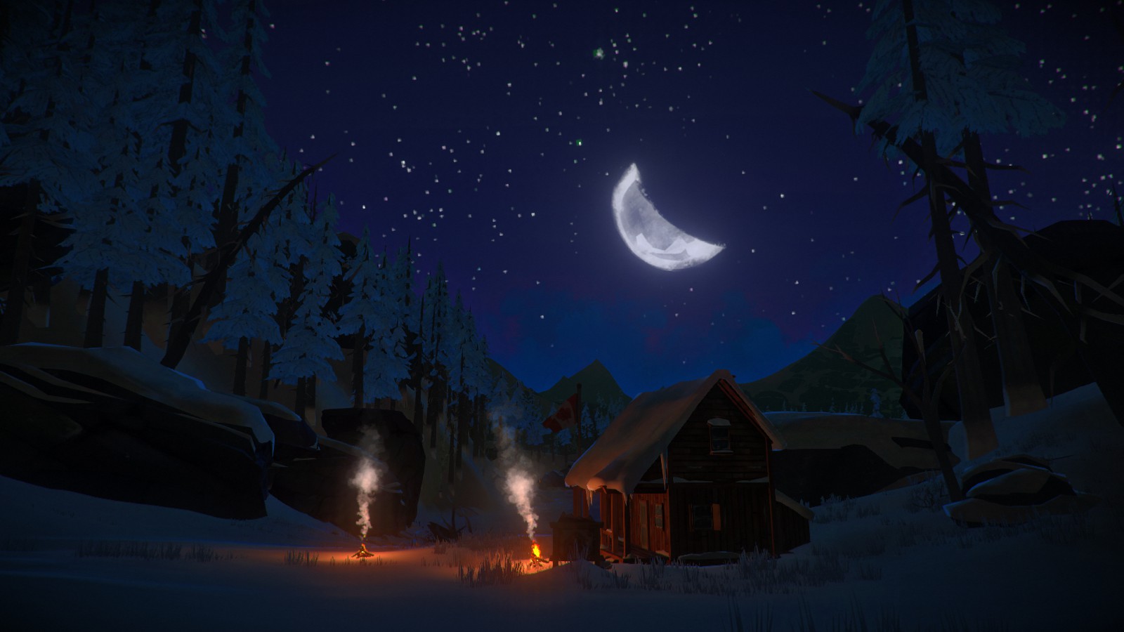 the long dark, video game, bonfire, moon, night, sky, stars