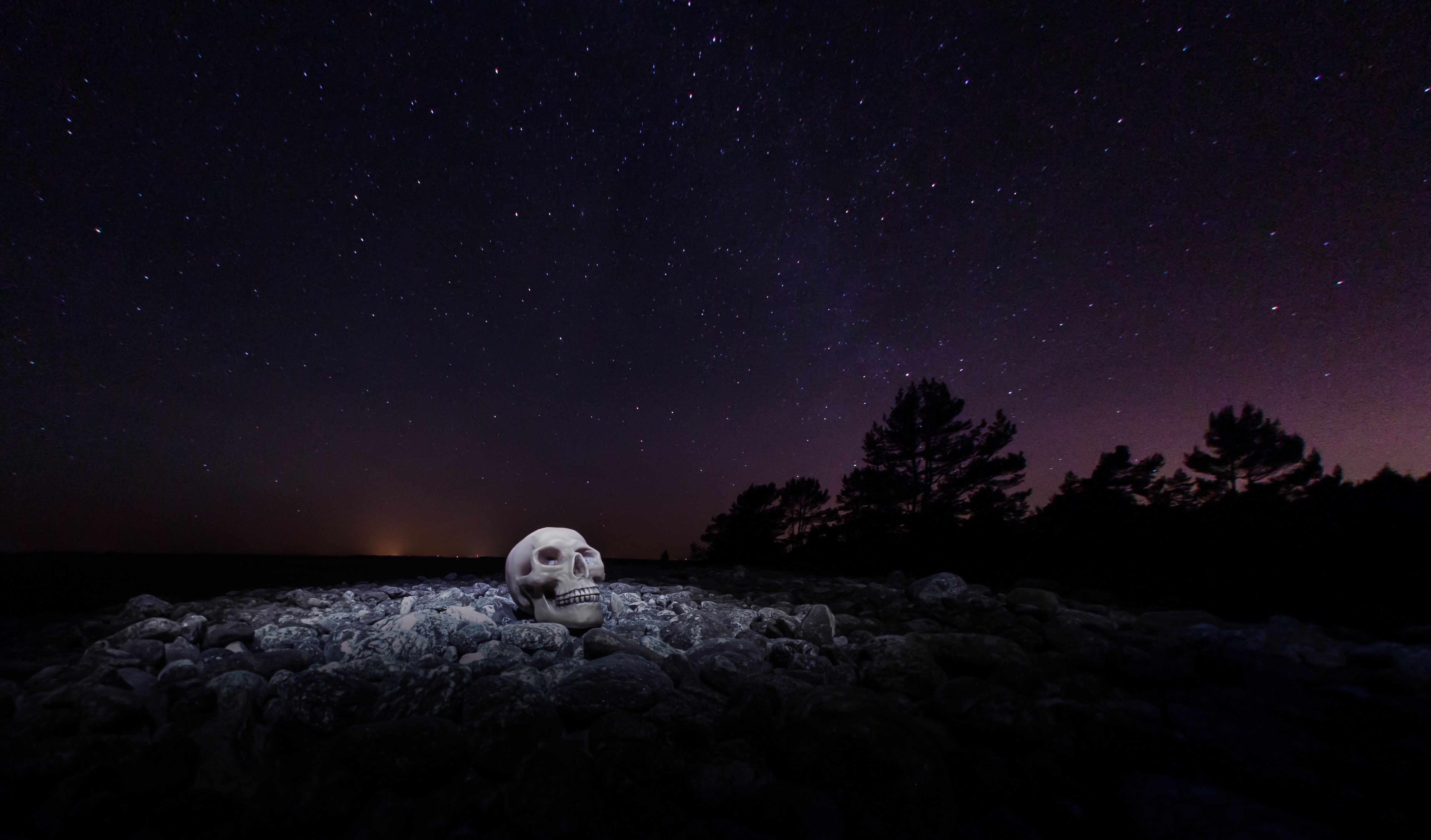 Horizontal Wallpaper skull, stones, night, dark, starry sky
