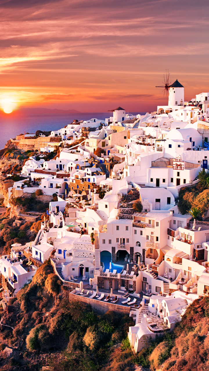 Handy-Wallpaper Städte, Architektur, Gebäude, Griechenland, Santorin, Sonnenuntergang, Die Architektur, Menschengemacht kostenlos herunterladen.