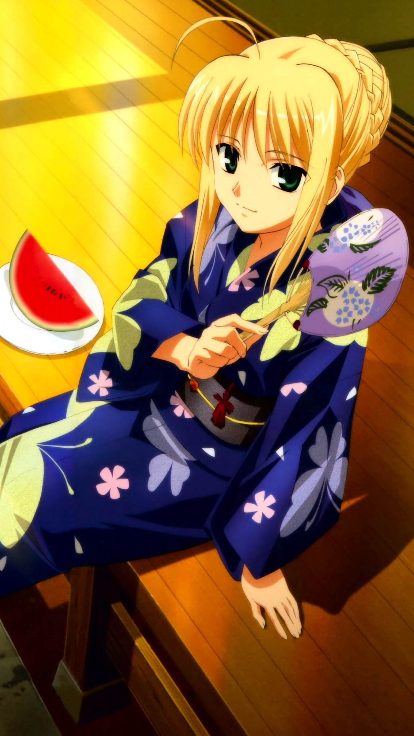 Free download wallpaper Anime, Blonde, Kimono, Fan, Green Eyes, Saber (Fate Series), Fate/stay Night, Fate Series on your PC desktop