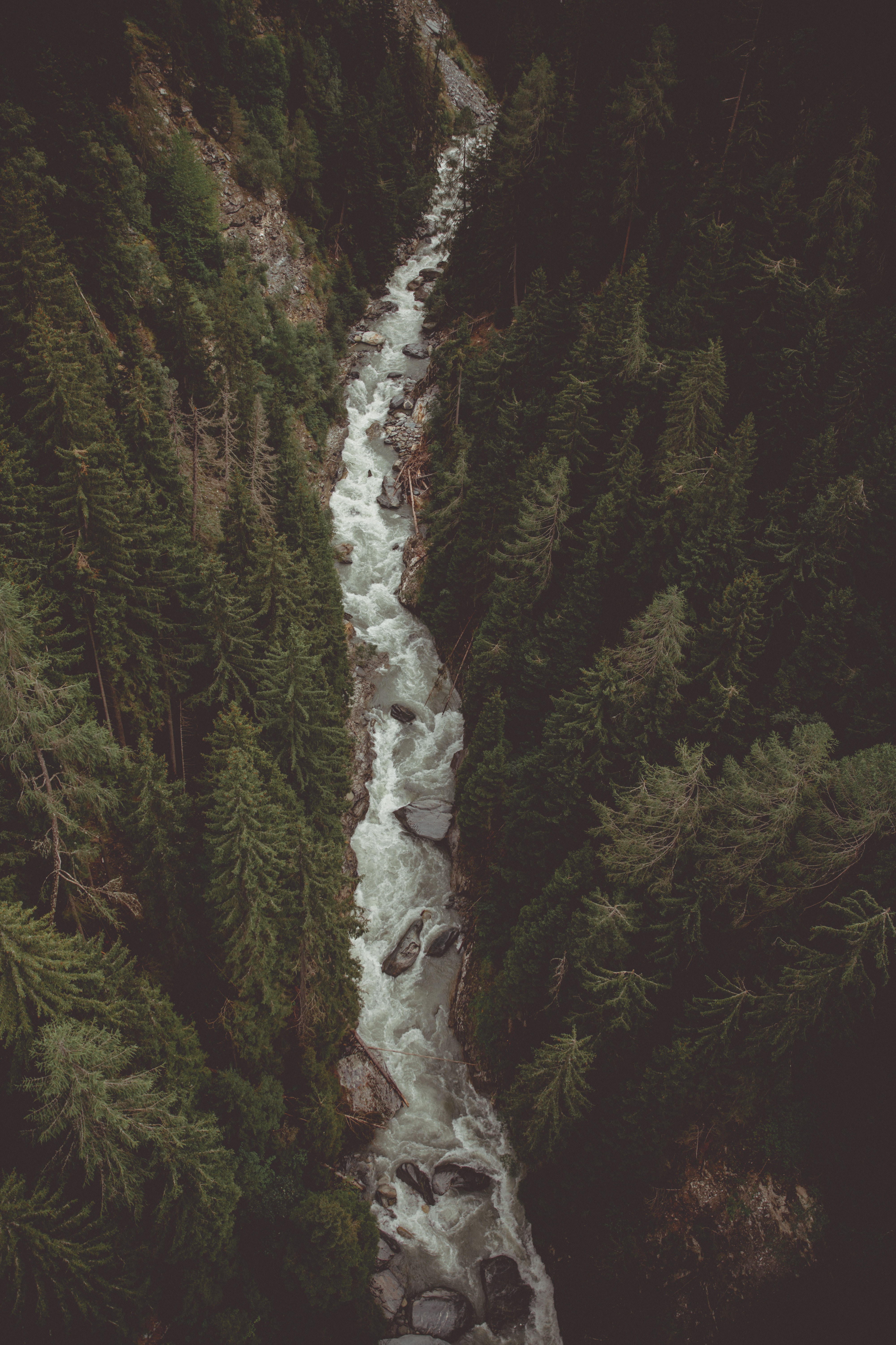 Download mobile wallpaper Forest, Stream, View From Above, Mountain, Flow, Rivers, Nature for free.