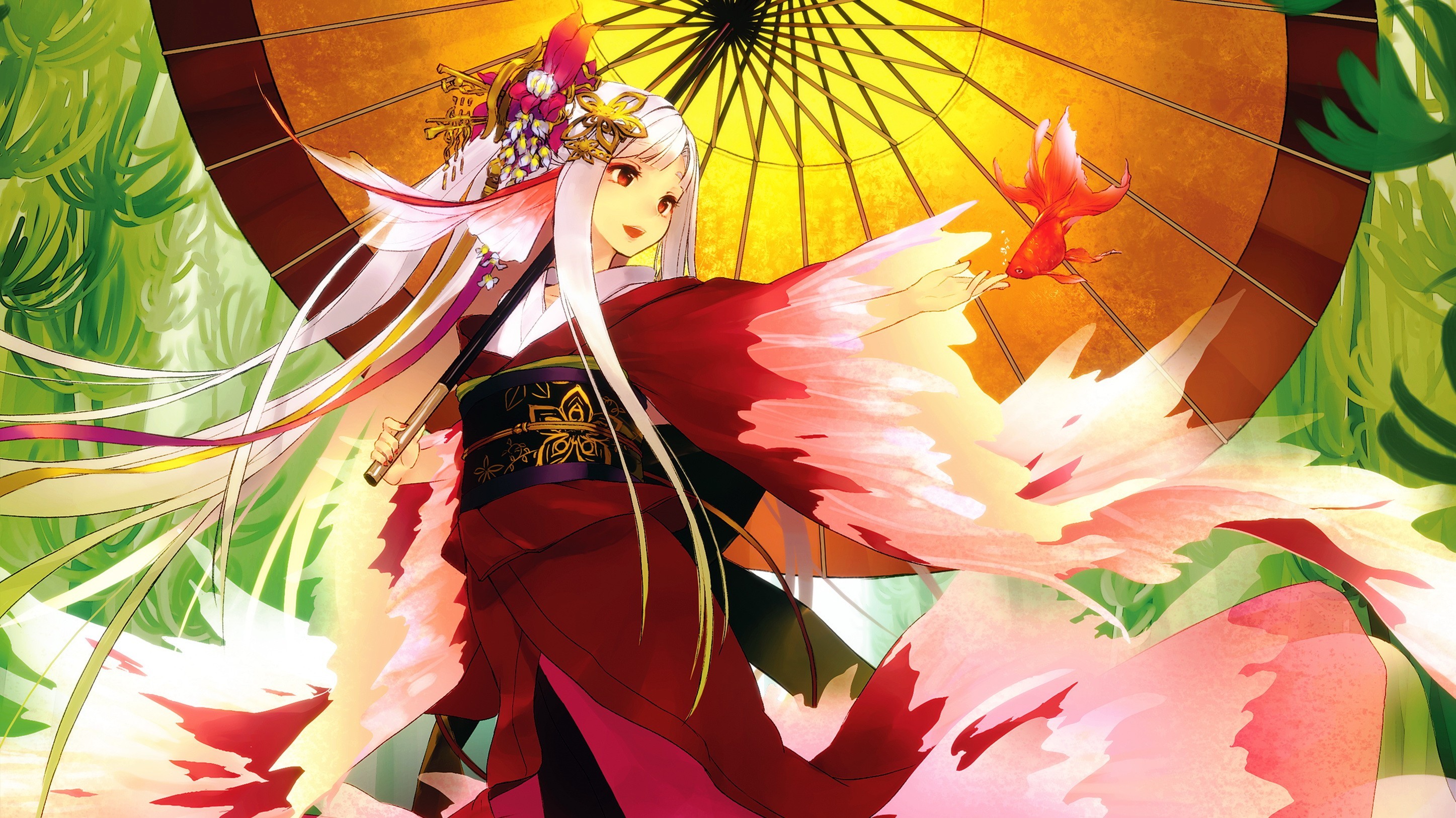Download mobile wallpaper Anime, Fish, Kimono, Ribbon, Geisha for free.