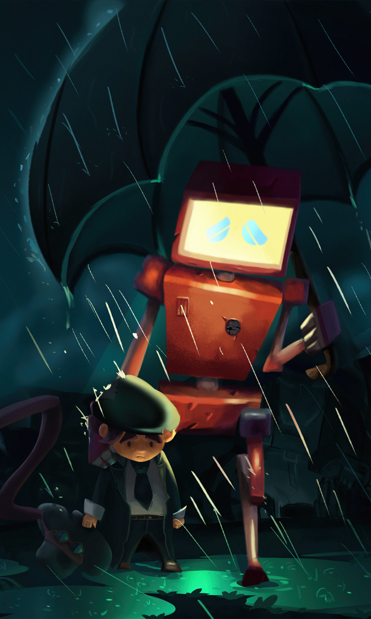 Download mobile wallpaper Rain, Robot, Sci Fi, Child for free.