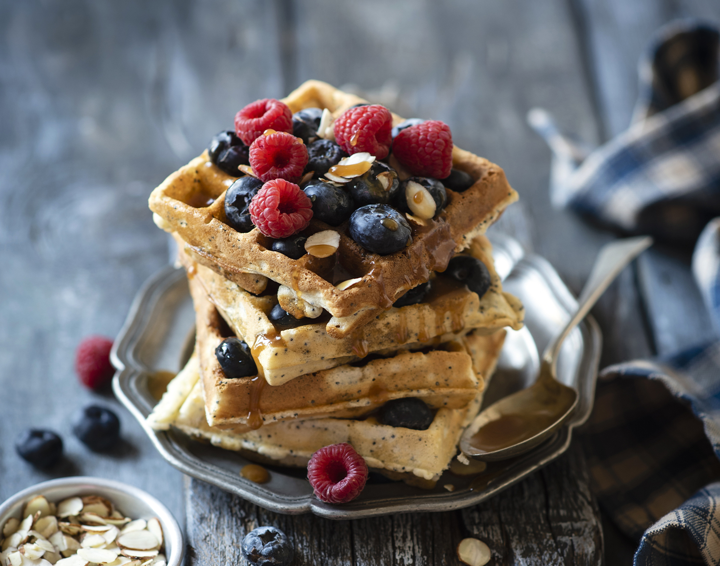 Download mobile wallpaper Food, Blueberry, Raspberry, Berry, Waffle, Breakfast for free.