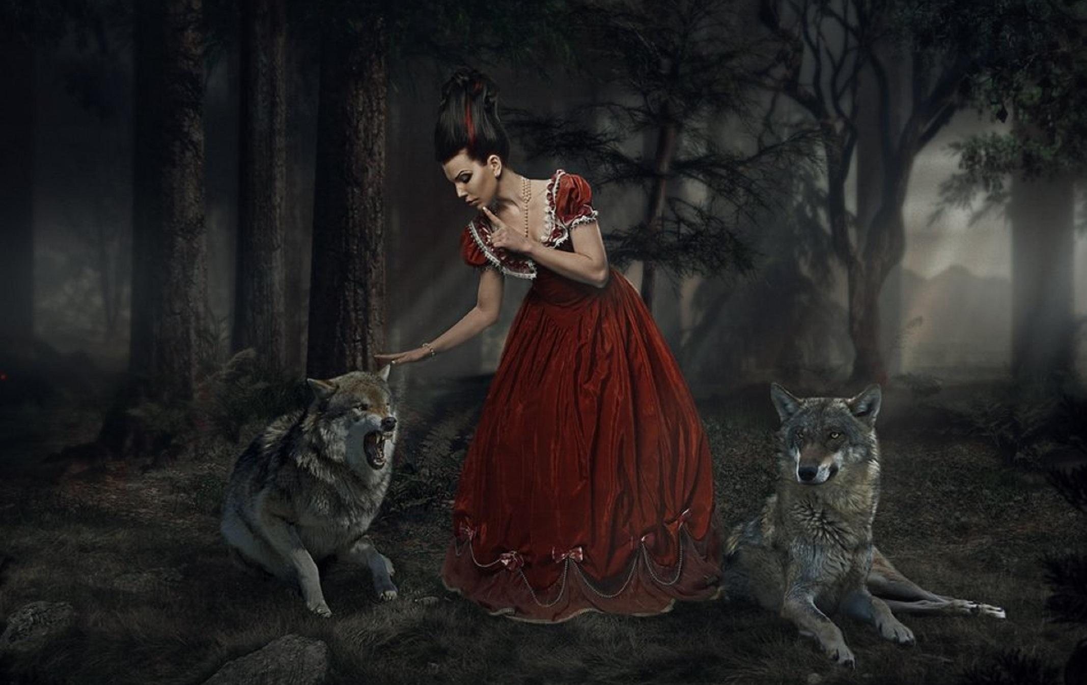 Free download wallpaper Fantasy, Forest, Tree, Wolf, Women on your PC desktop