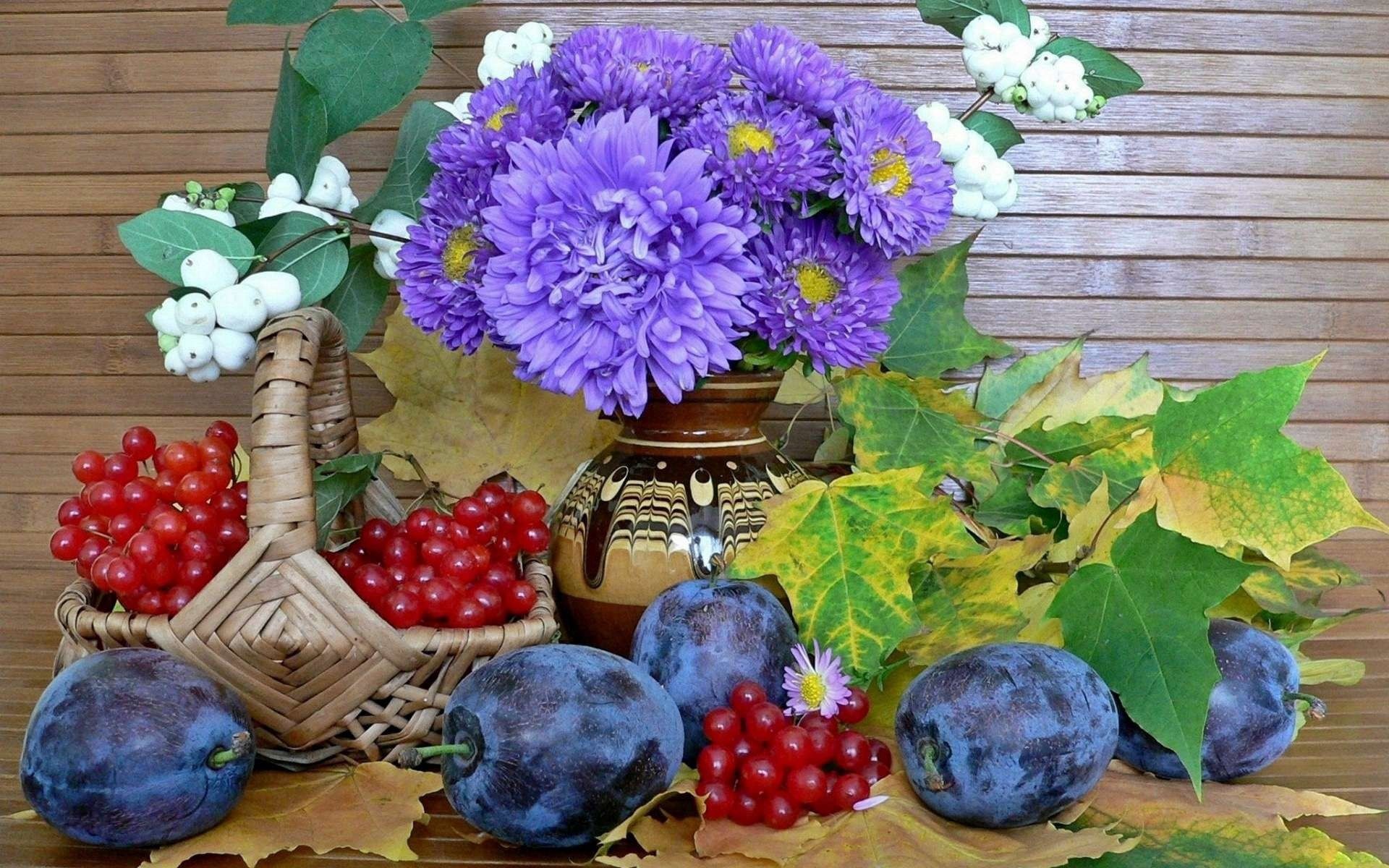 Horizontal Wallpaper still life, flowers, food, plums