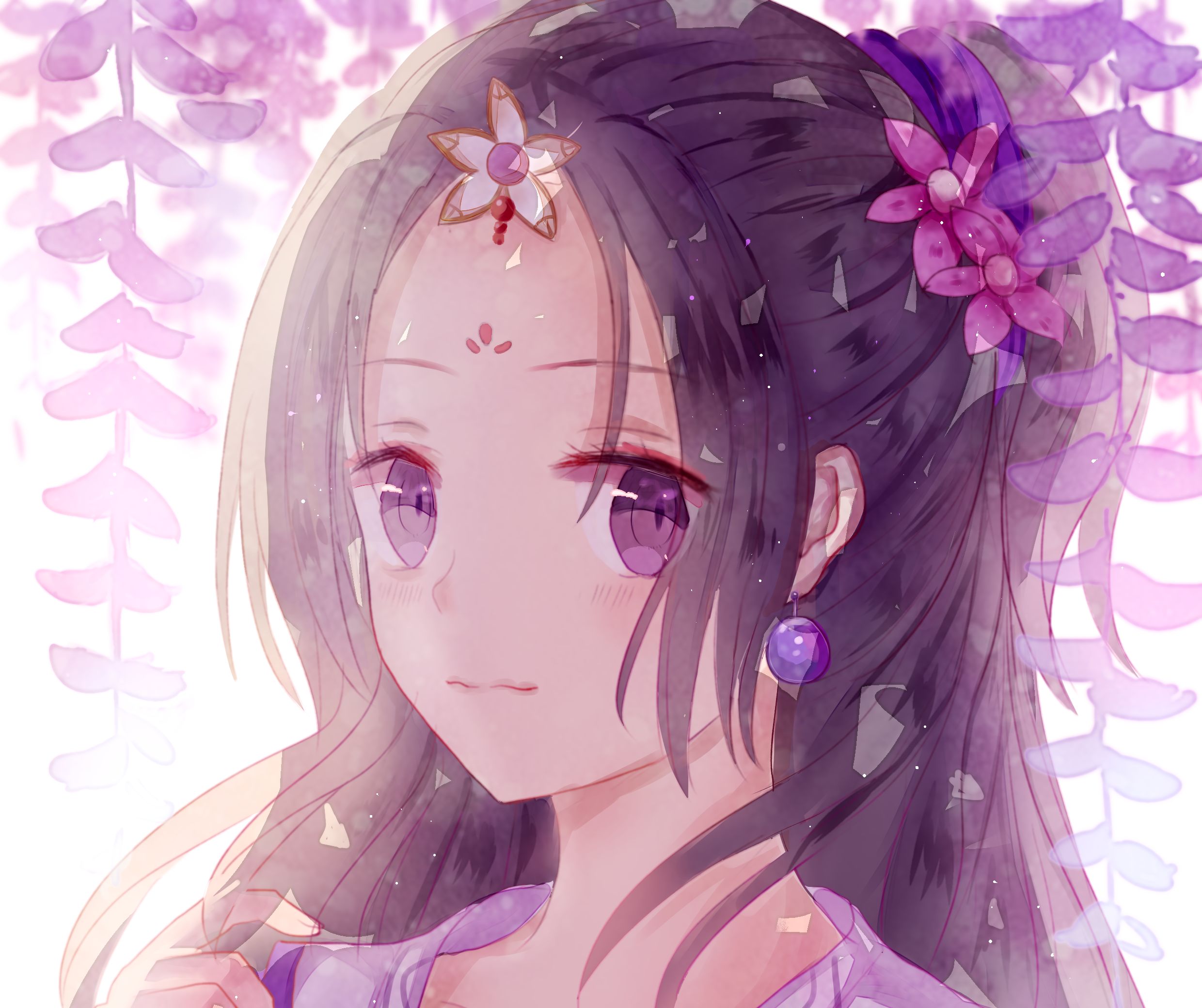 Free download wallpaper Anime, Flower, Earrings, Original, Black Hair, Long Hair, Purple Eyes on your PC desktop