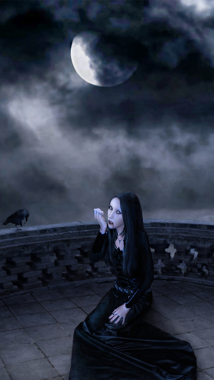 Download mobile wallpaper Fantasy, Gothic, Moon, Dark, Raven, Women for free.