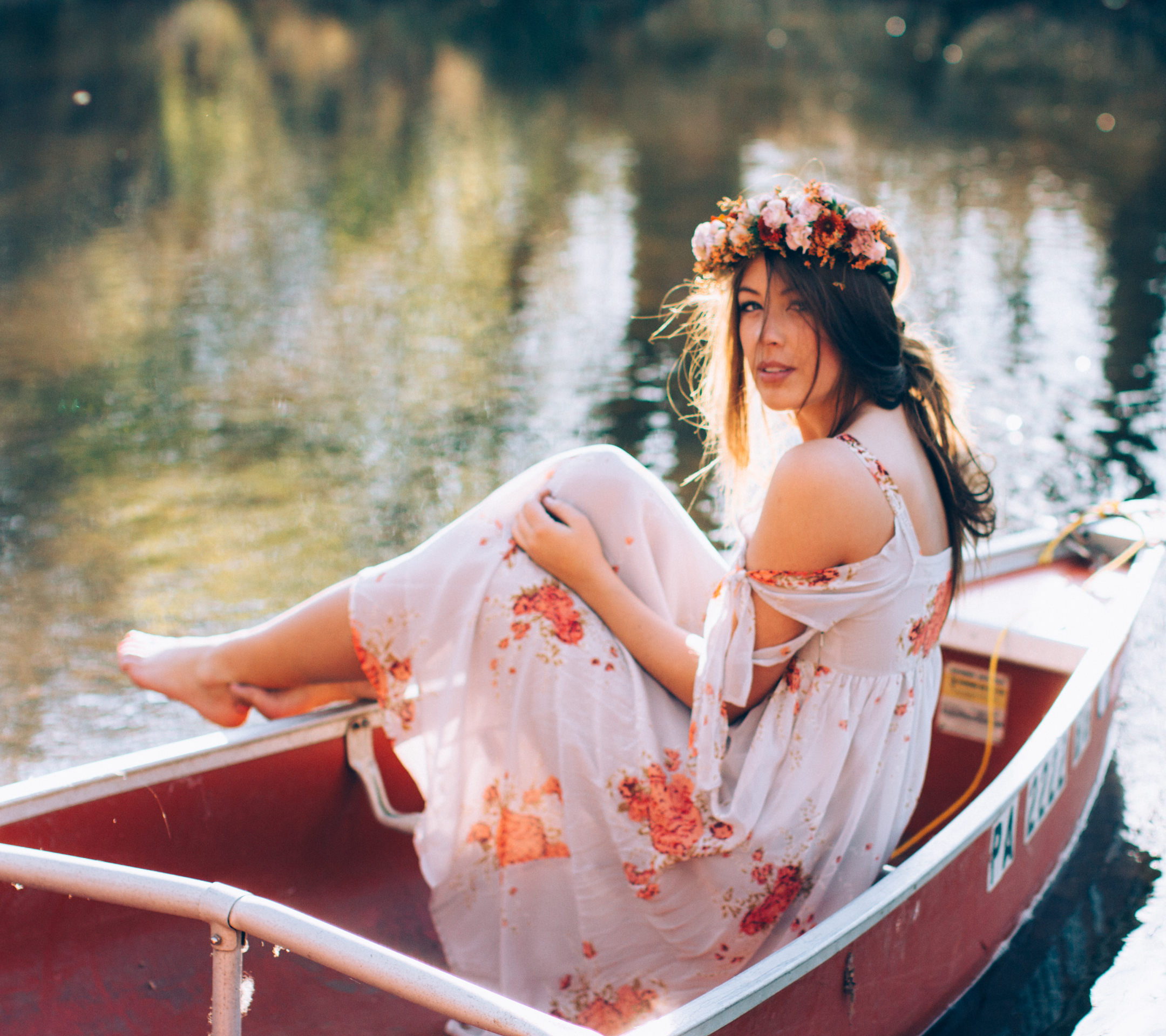 Download mobile wallpaper Boat, Wreath, Brunette, Model, Women, White Dress for free.