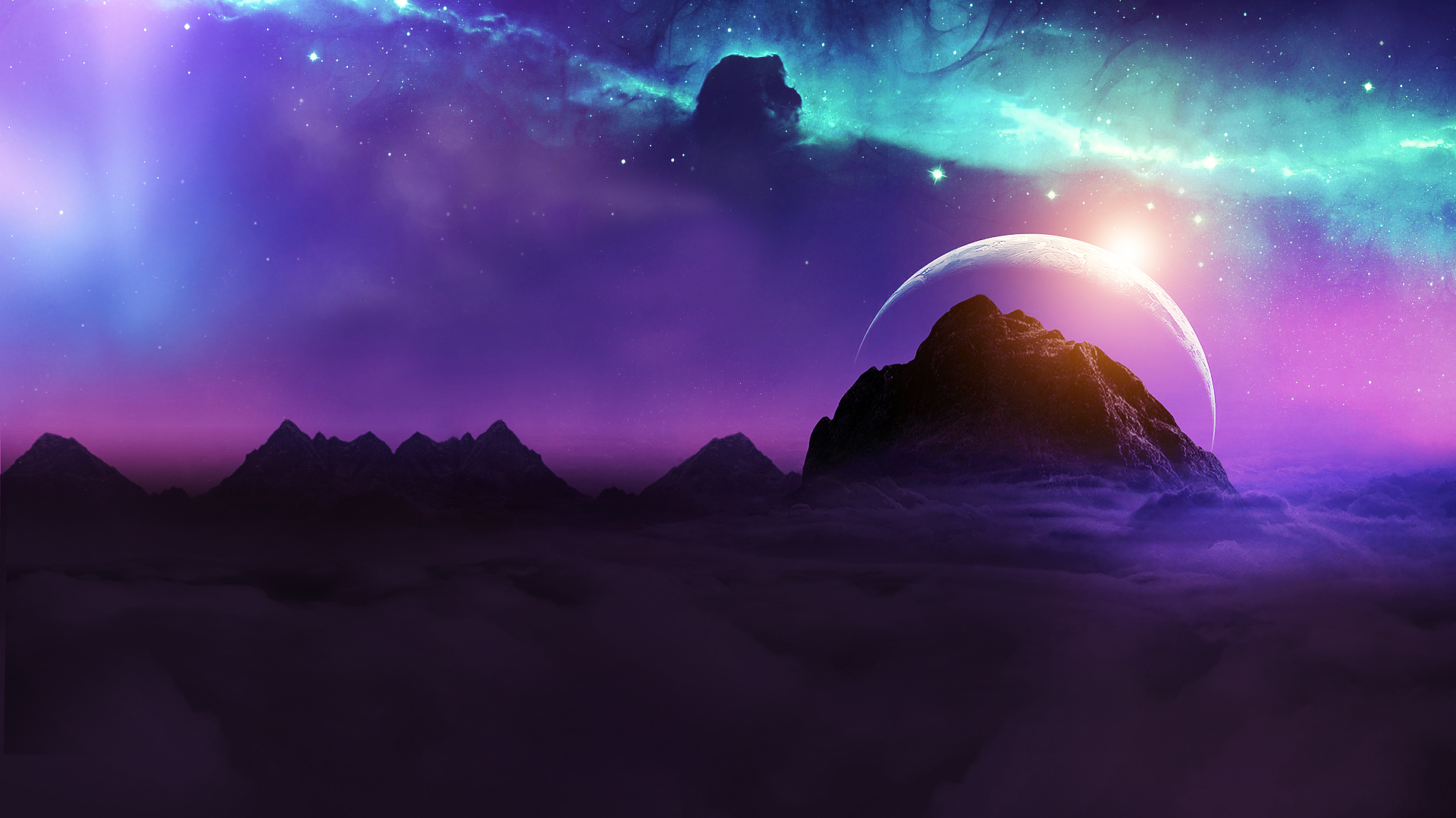 Free download wallpaper Landscape, Sky, Stars, Mountain, Nebula, Space, Planet, Sci Fi, Cloud on your PC desktop