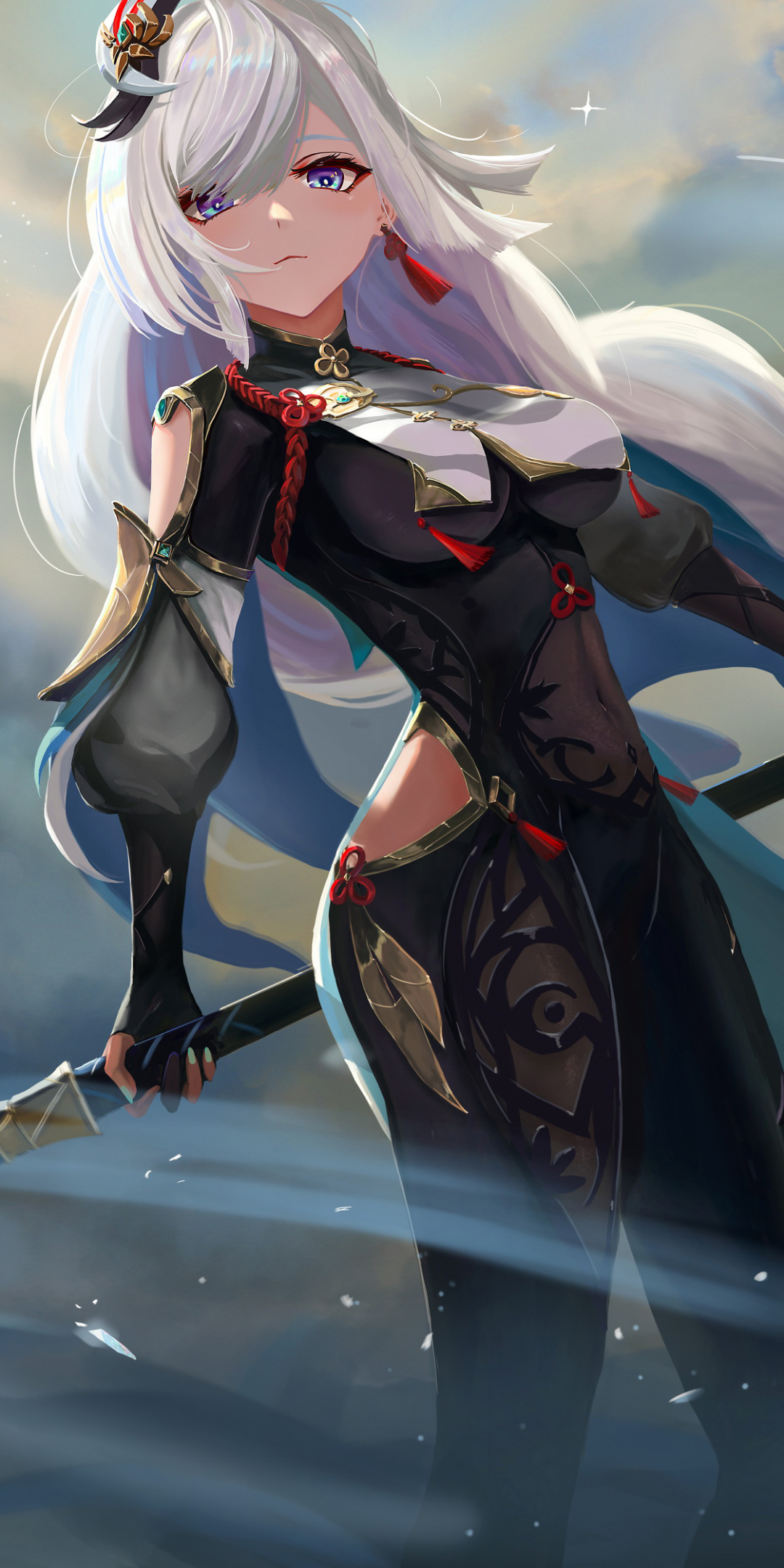 Download mobile wallpaper Blue Eyes, Video Game, White Hair, Genshin Impact, Shenhe (Genshin Impact) for free.