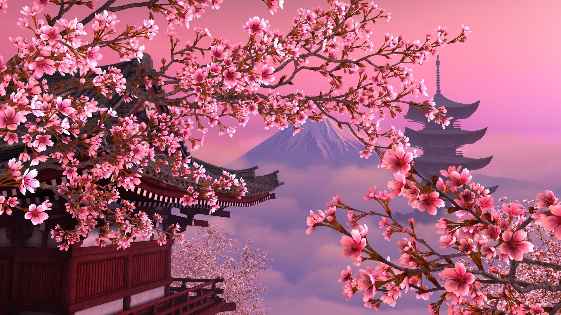 954062 завантажити картинку сакура, художній, японський, вишневий цвіт, пагода - шпалери і заставки безкоштовно