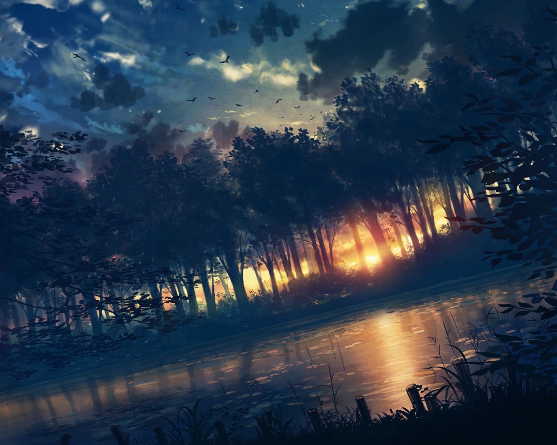 Laden Sie das Wasser, Vogel, Wald, Baum, Wolke, Sonnenuntergang, Animes, Spiegelung-Bild kostenlos auf Ihren PC-Desktop herunter