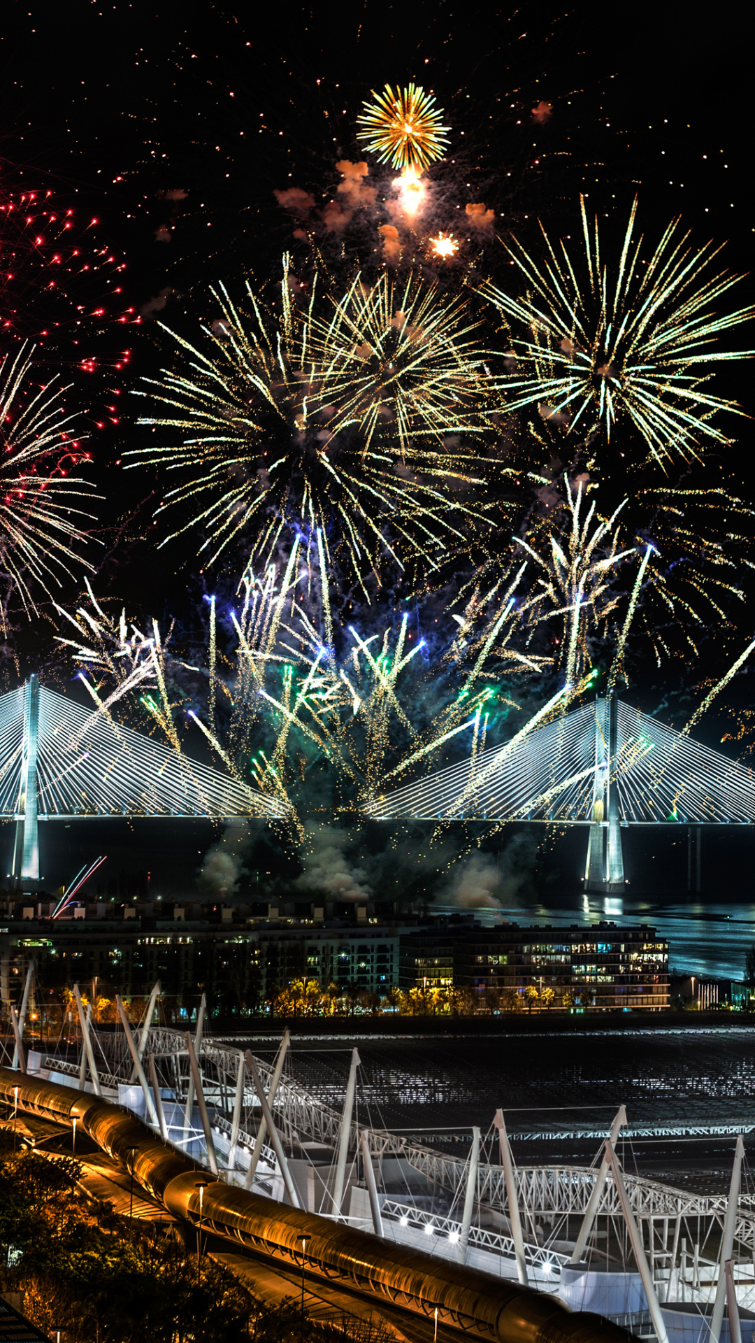 lisbon, photography, fireworks, portugal, bridge vasco da gama, new year, night