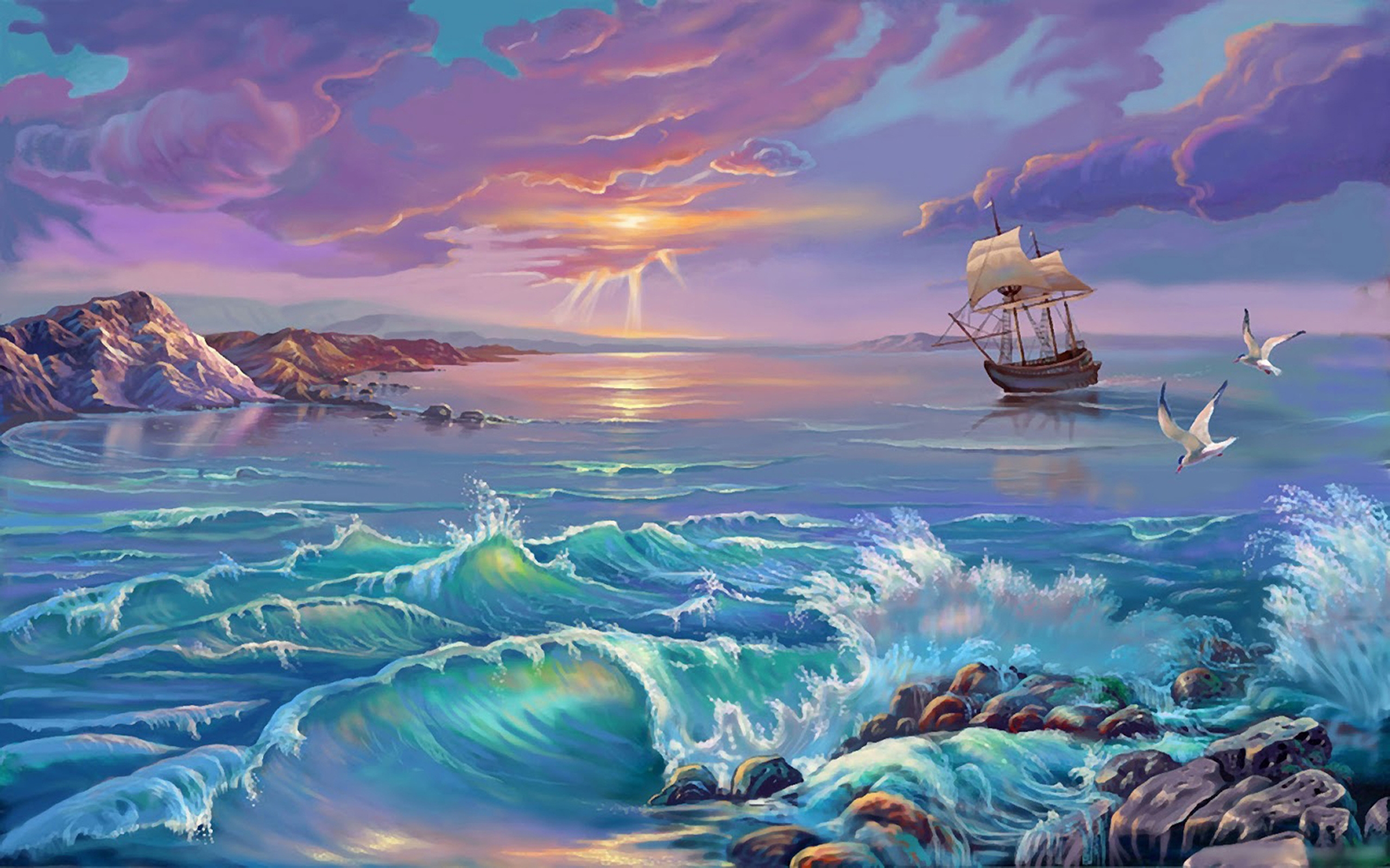 Laden Sie das Ozean, Segelboot, Schiff, Welle, Meer, Künstlerisch, Segelschiff-Bild kostenlos auf Ihren PC-Desktop herunter