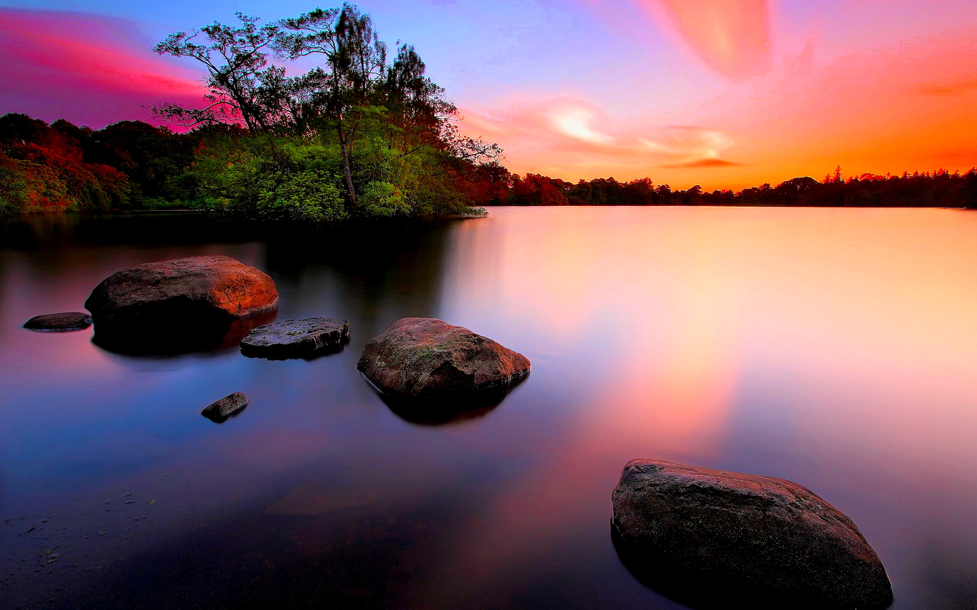 Free download wallpaper Water, Sunset, Sky, Tree, Earth, Colorful, Scenic on your PC desktop
