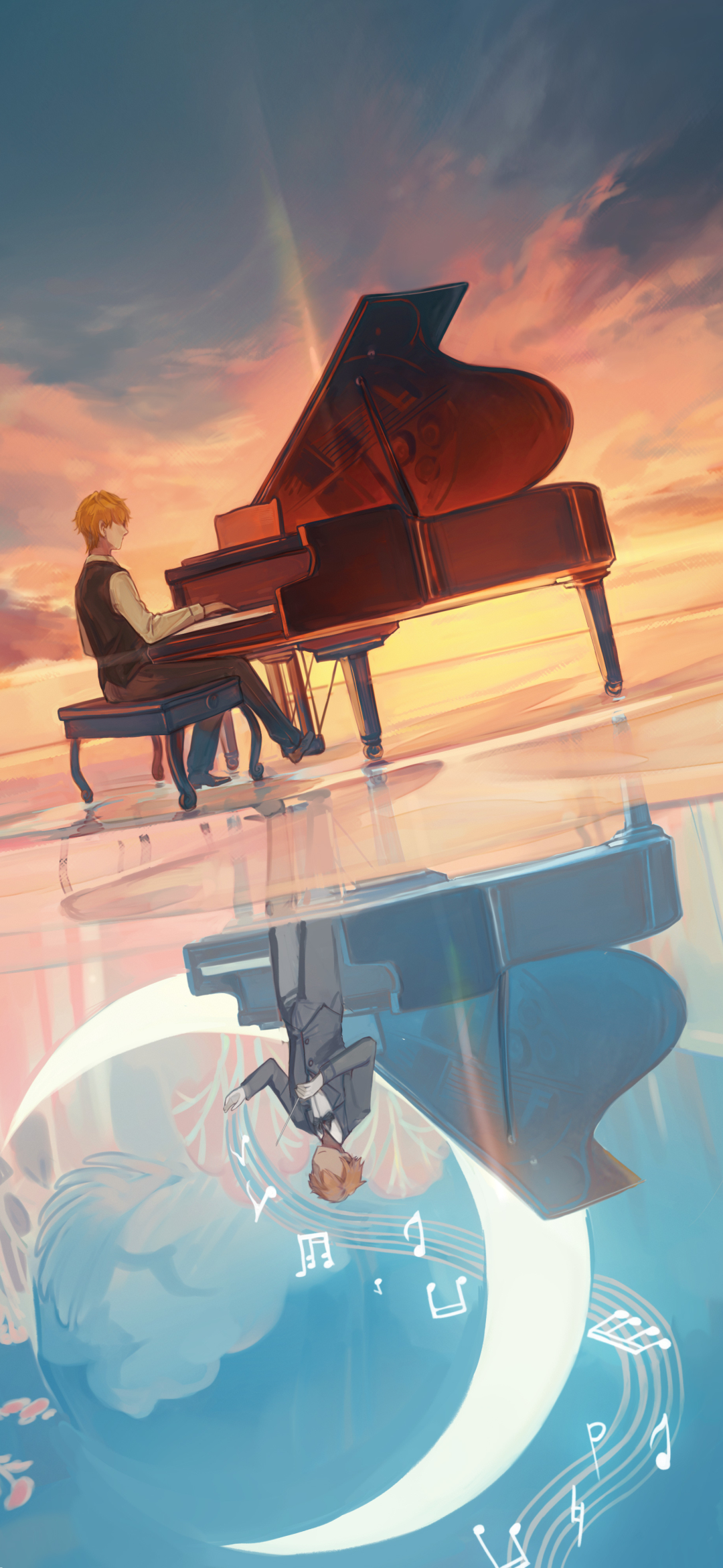 Download mobile wallpaper Music, Anime, Sunset, Moon, Piano, Blonde, Short Hair for free.