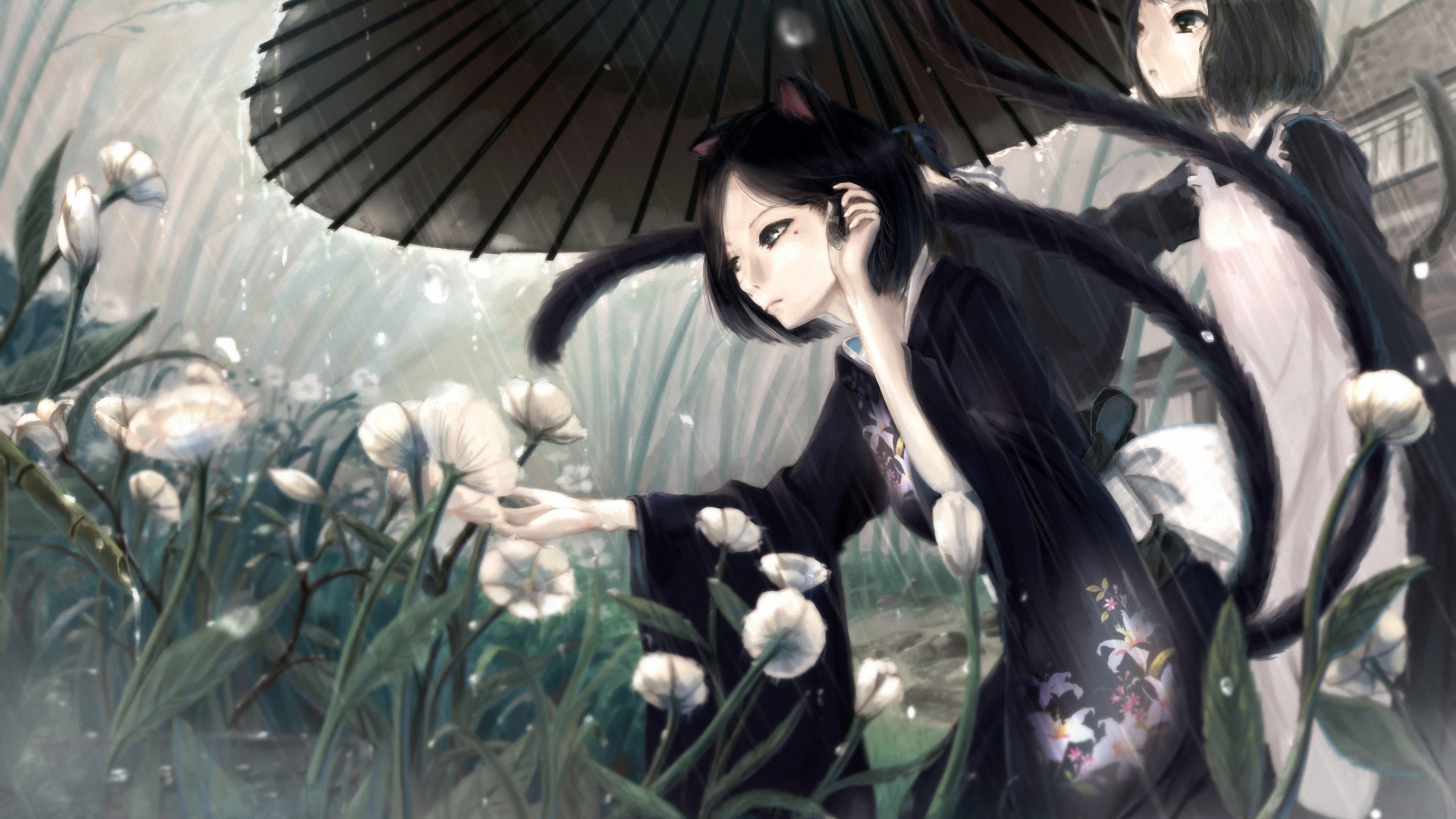 Free download wallpaper Anime, Rain, Flower, Umbrella, Tail, Original, Black Hair, Long Hair, Short Hair, Black Dress, Animal Ears, Japanese Clothes on your PC desktop