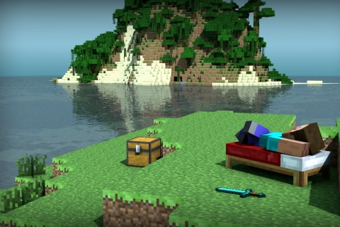 Free download wallpaper Minecraft, Island, Bed, Video Game, Steve (Minecraft) on your PC desktop