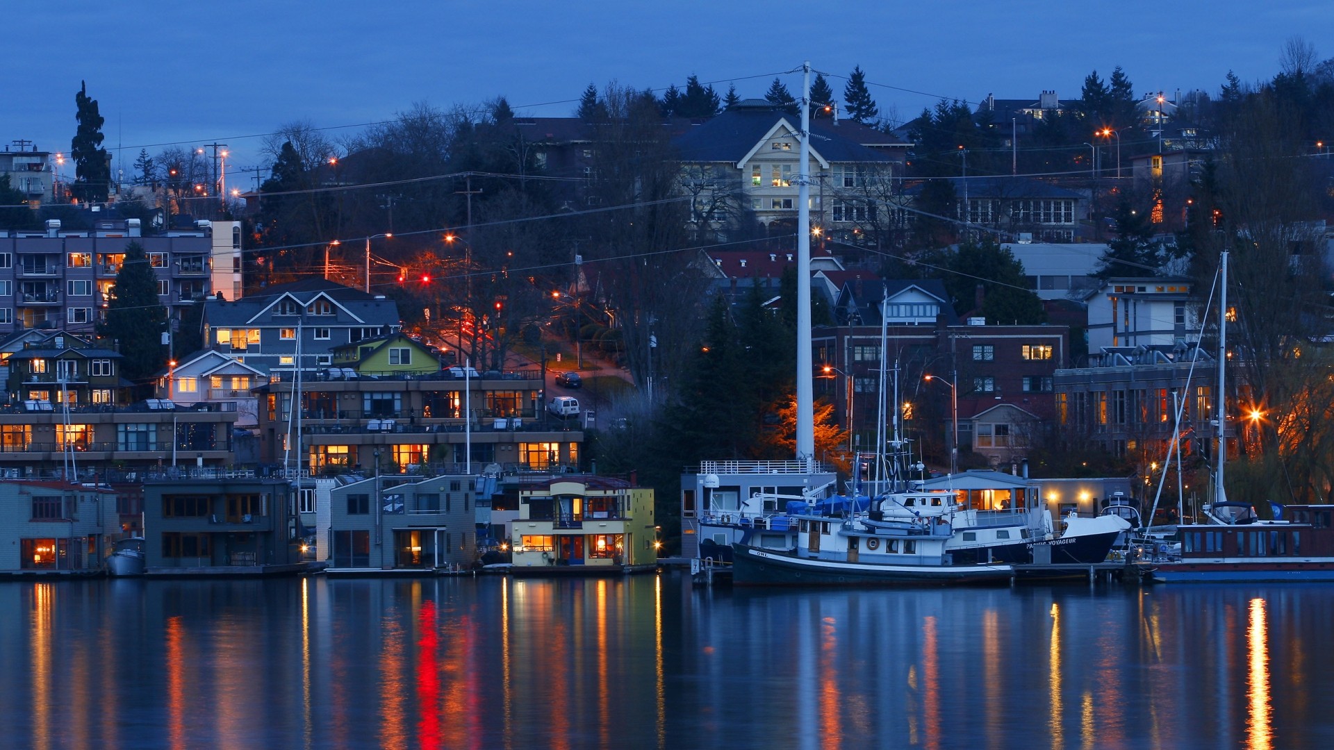 Download mobile wallpaper Cities, Night, Reflection, Light, House, Boat, Town, Seattle, Man Made for free.