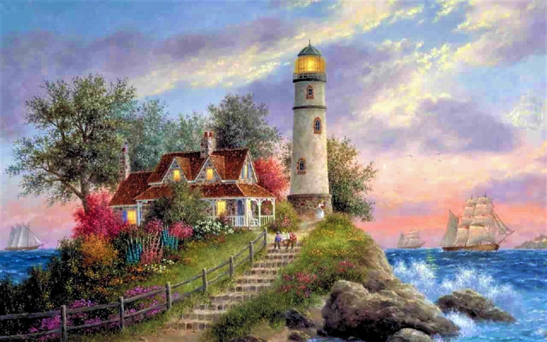 Download mobile wallpaper Sea, Flower, Tree, Ocean, House, Fence, Stairs, Lighthouse, Artistic for free.
