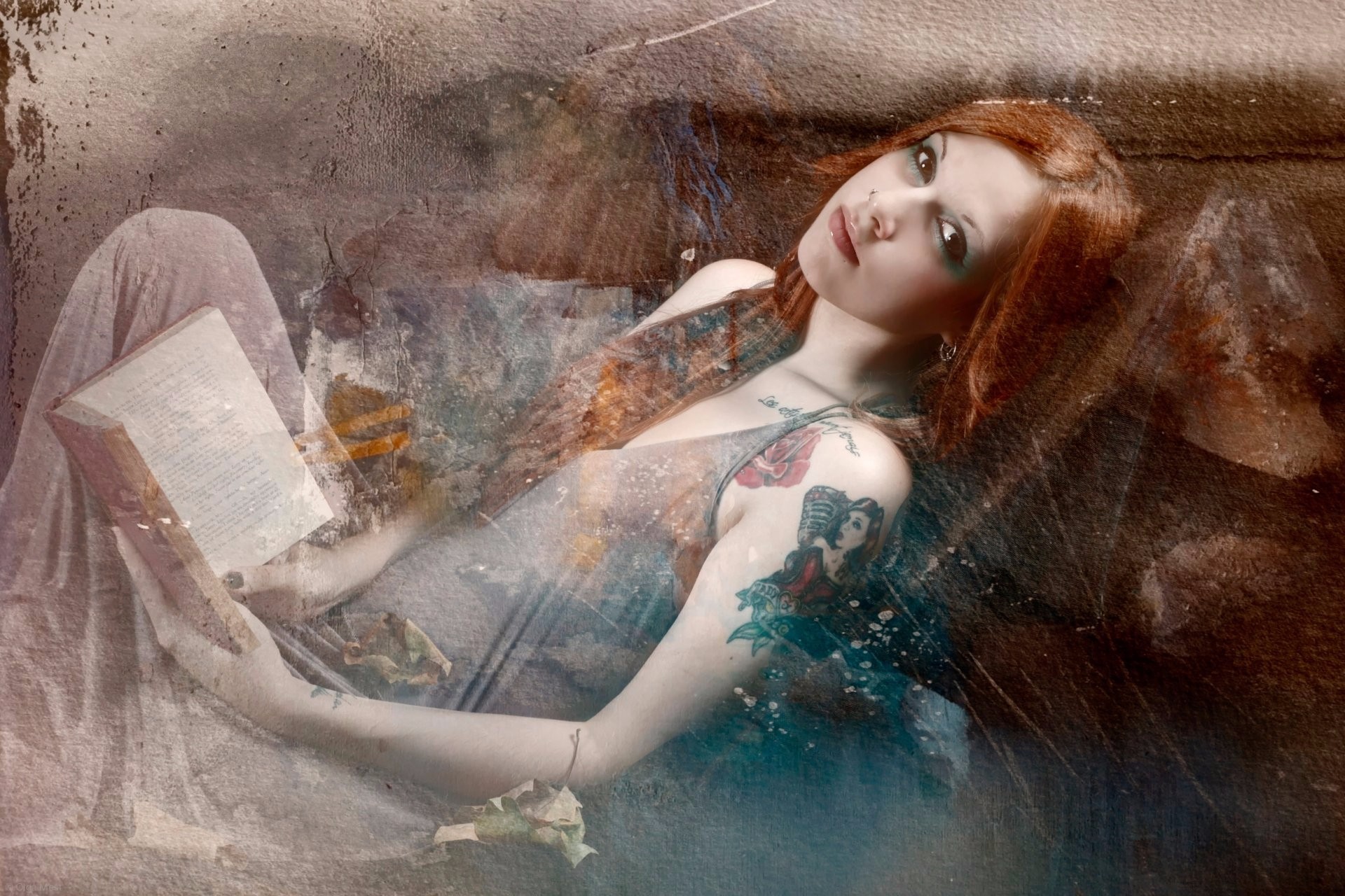 Download mobile wallpaper Vintage, Redhead, Tattoo, Book, Artistic, Women, Manipulation for free.