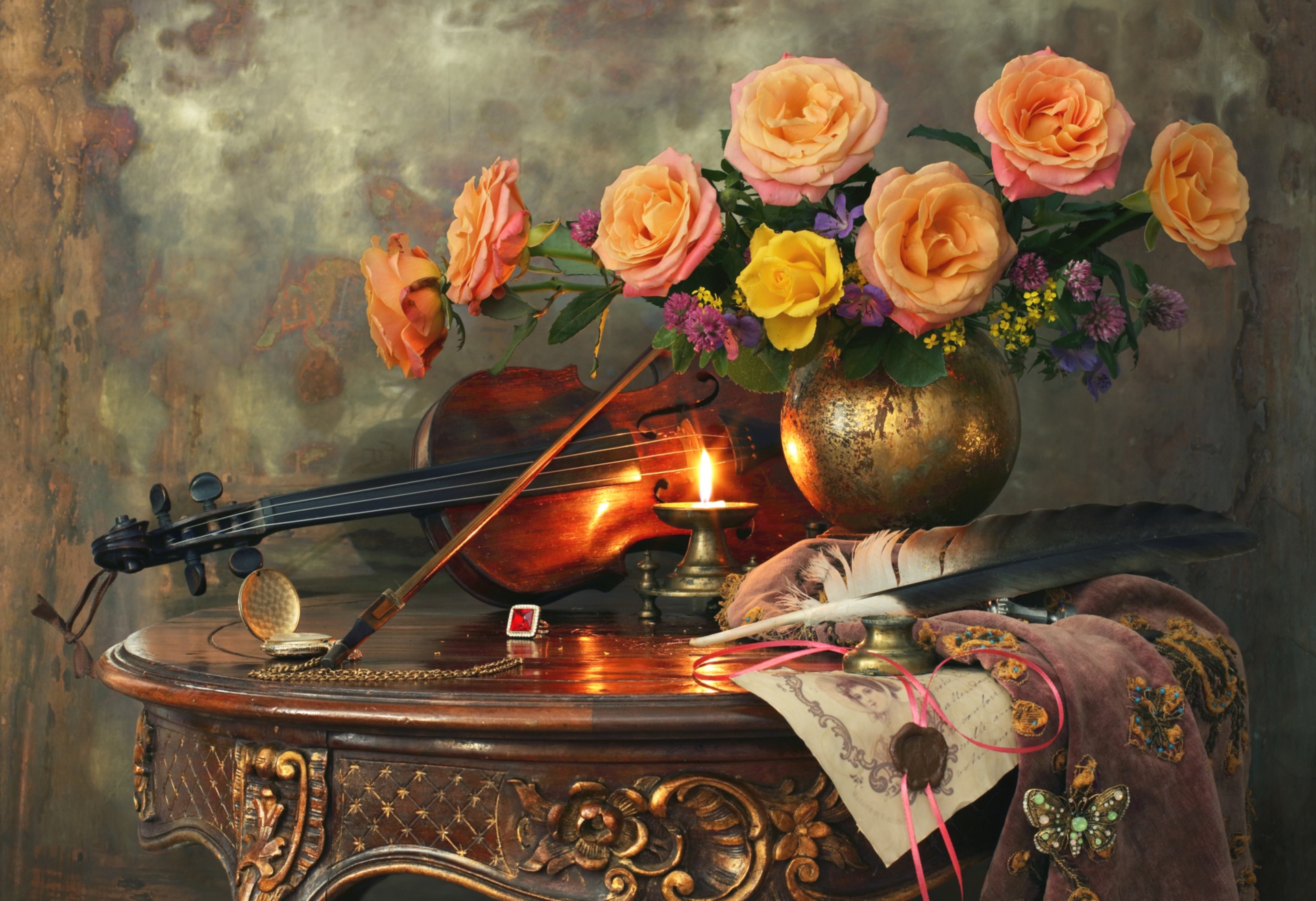 Free download wallpaper Still Life, Rose, Artistic, Candle, Violin on your PC desktop
