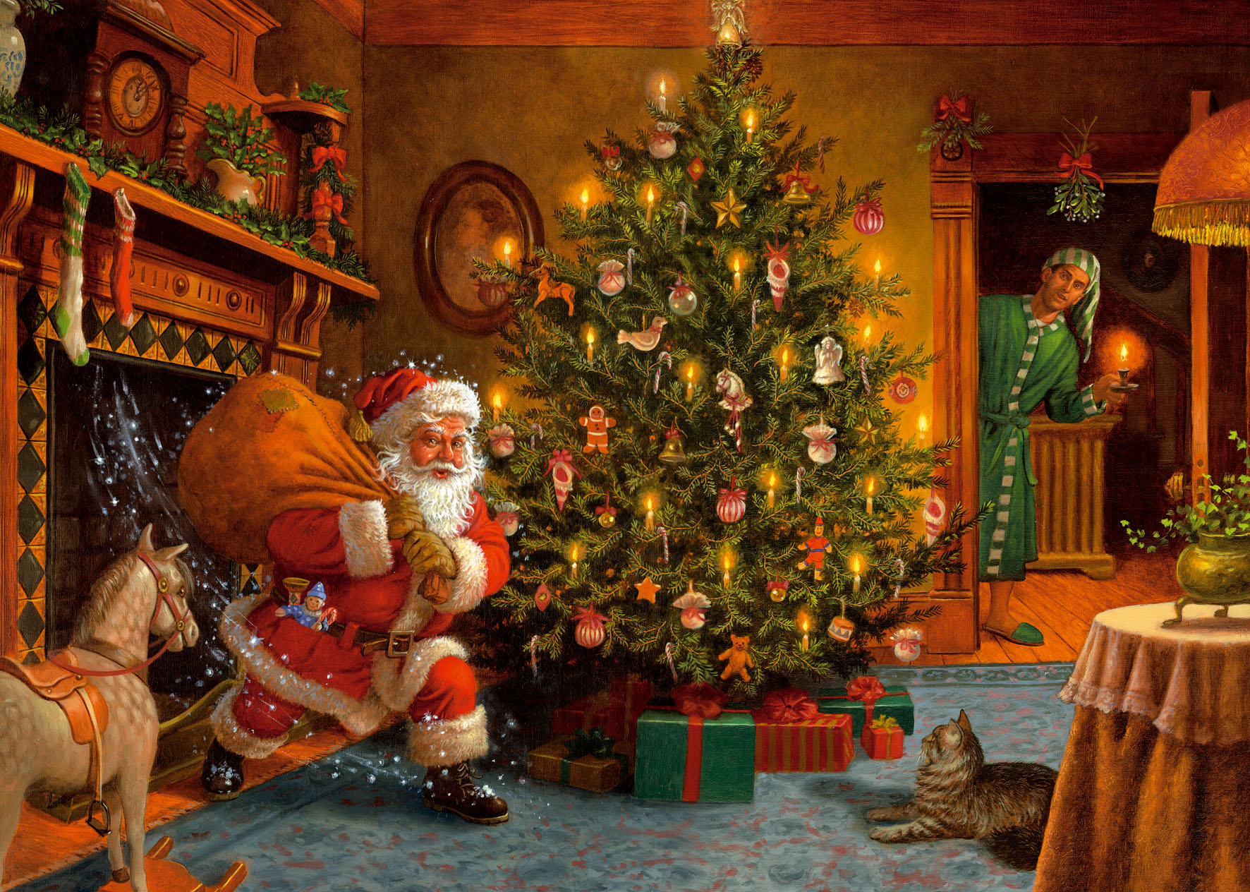 793648 скачать картинку санта, рождество, праздничные, рождественская елка, гостиная - обои и заставки бесплатно