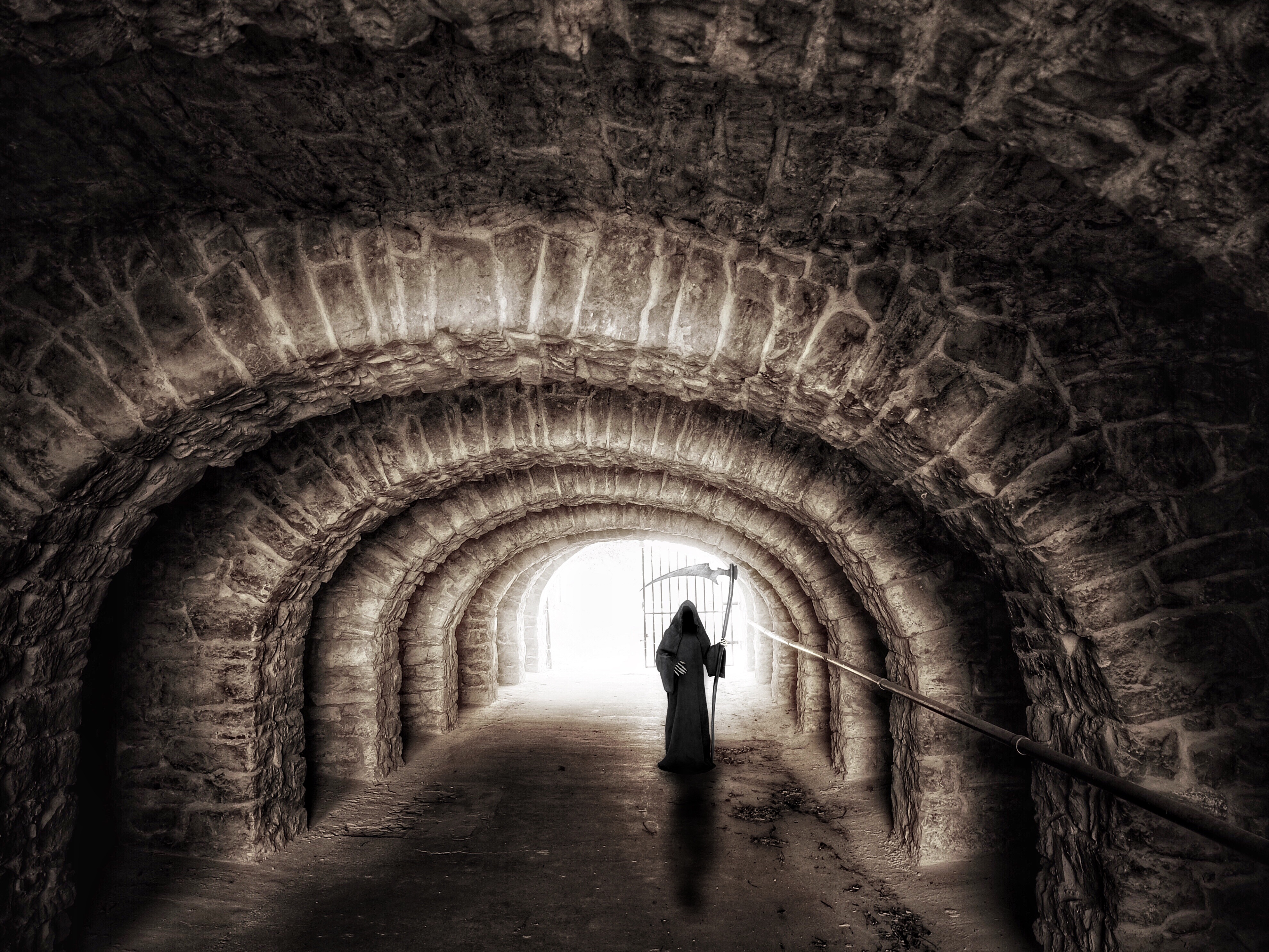 tunnel, grim reaper, dark, creepy, scythe, sepia, underground