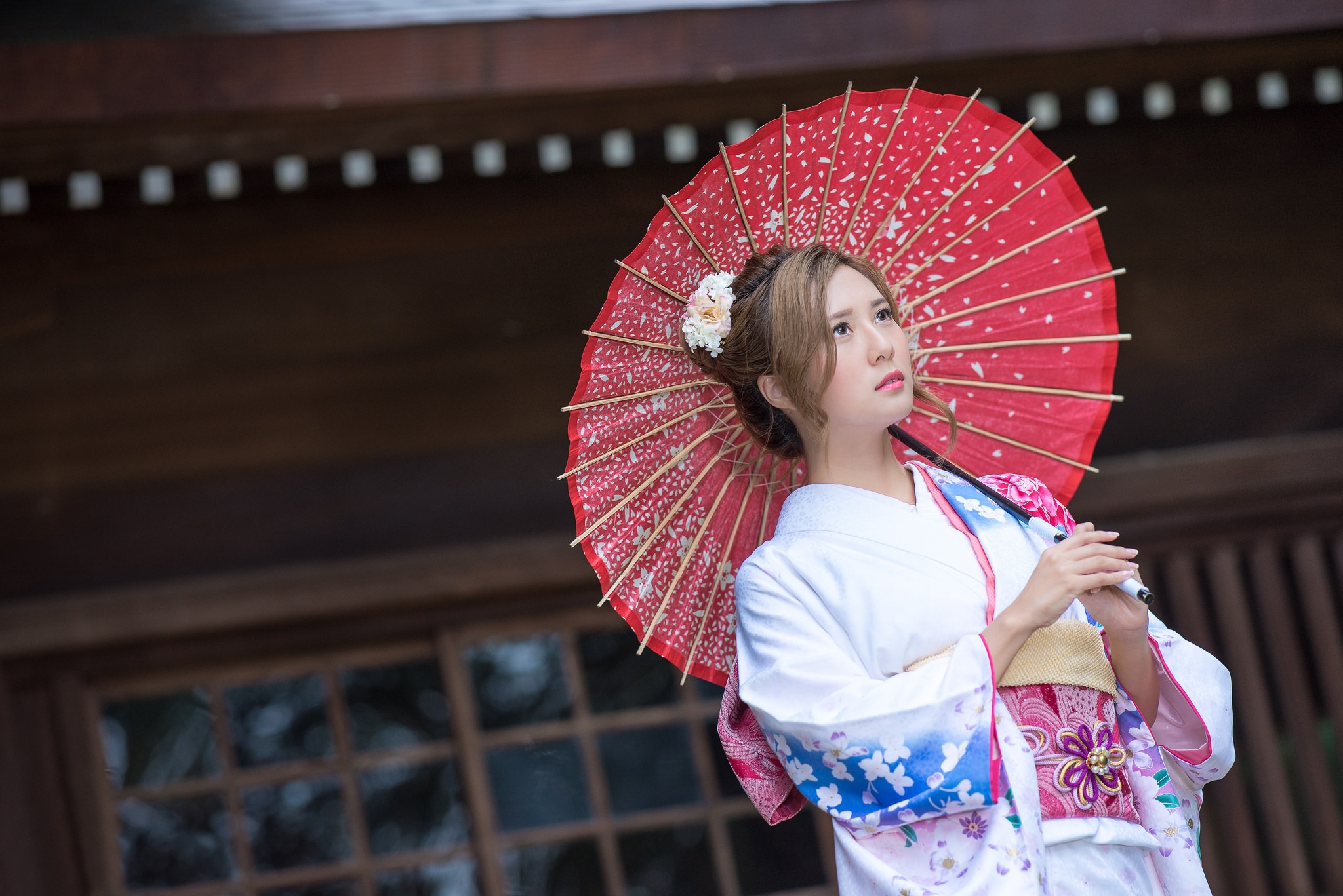 Téléchargez des papiers peints mobile Parapluie, Kimono, Brune, Asiatique, Femmes, Top Model, Rouge À Lèvres, Profondeur De Champ gratuitement.