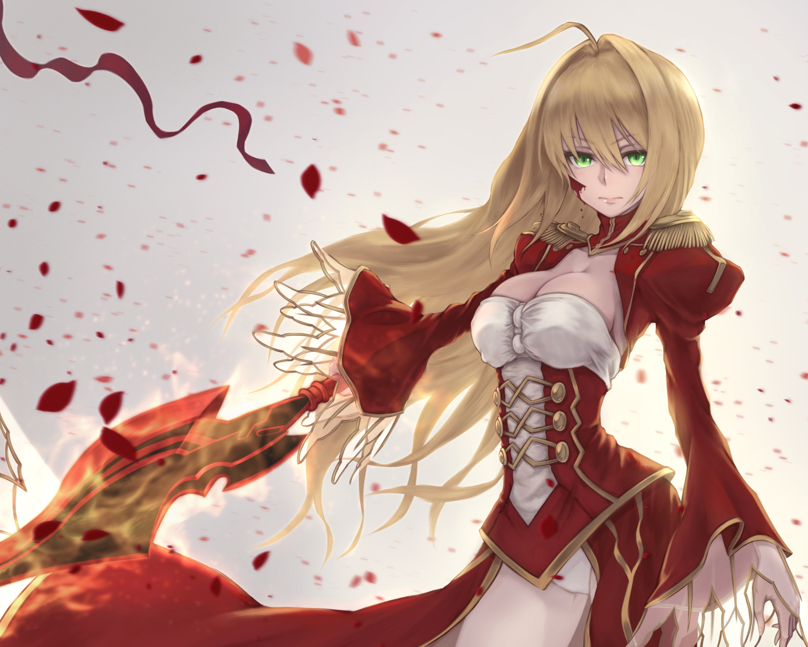 Free download wallpaper Anime, Blonde, Petal, Green Eyes, Long Hair, Saber (Fate Series), Fate/extra, Nero Claudius, Fate Series on your PC desktop