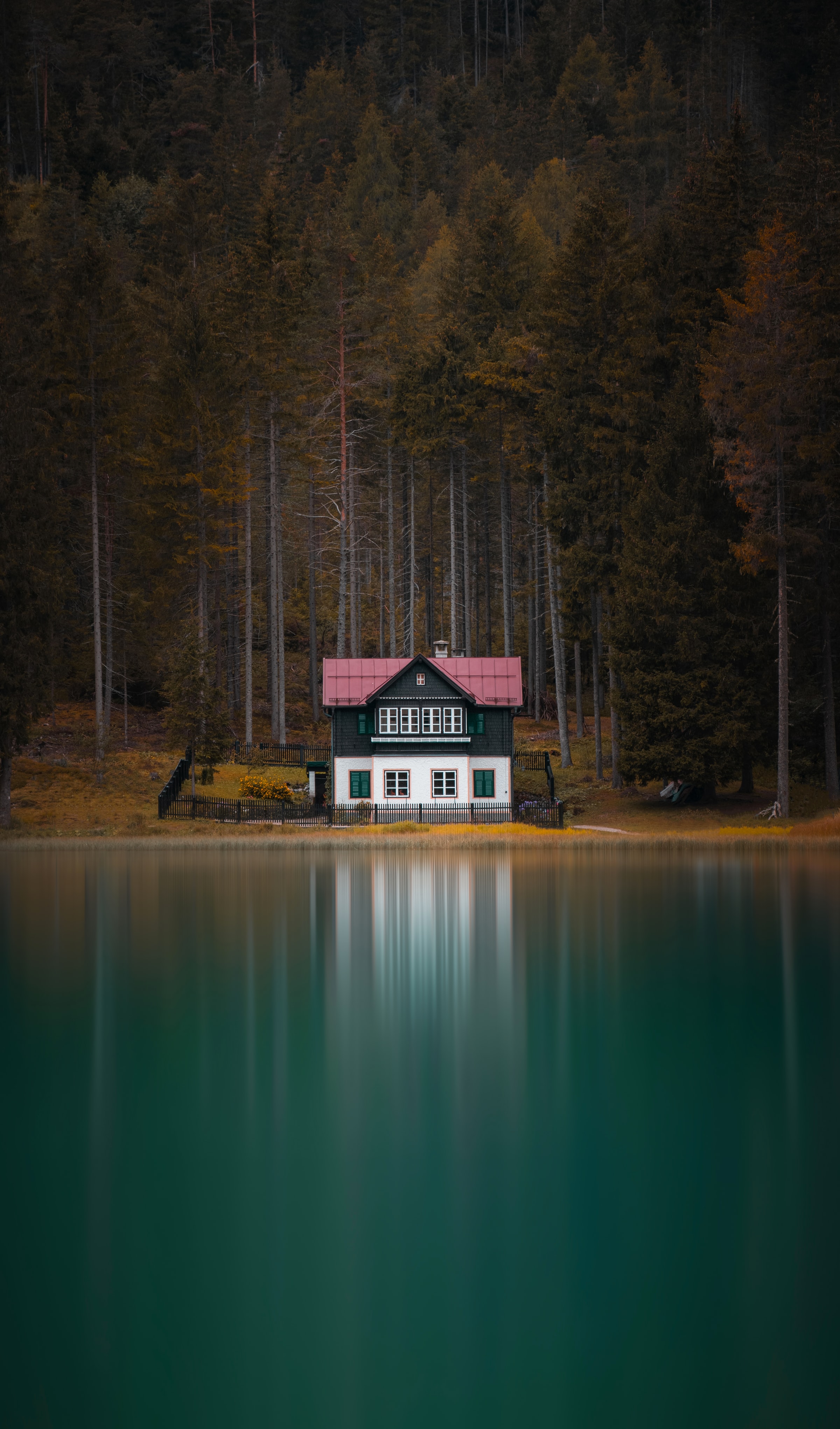 Download mobile wallpaper Building, Trees, Lake, Forest, Nature for free.