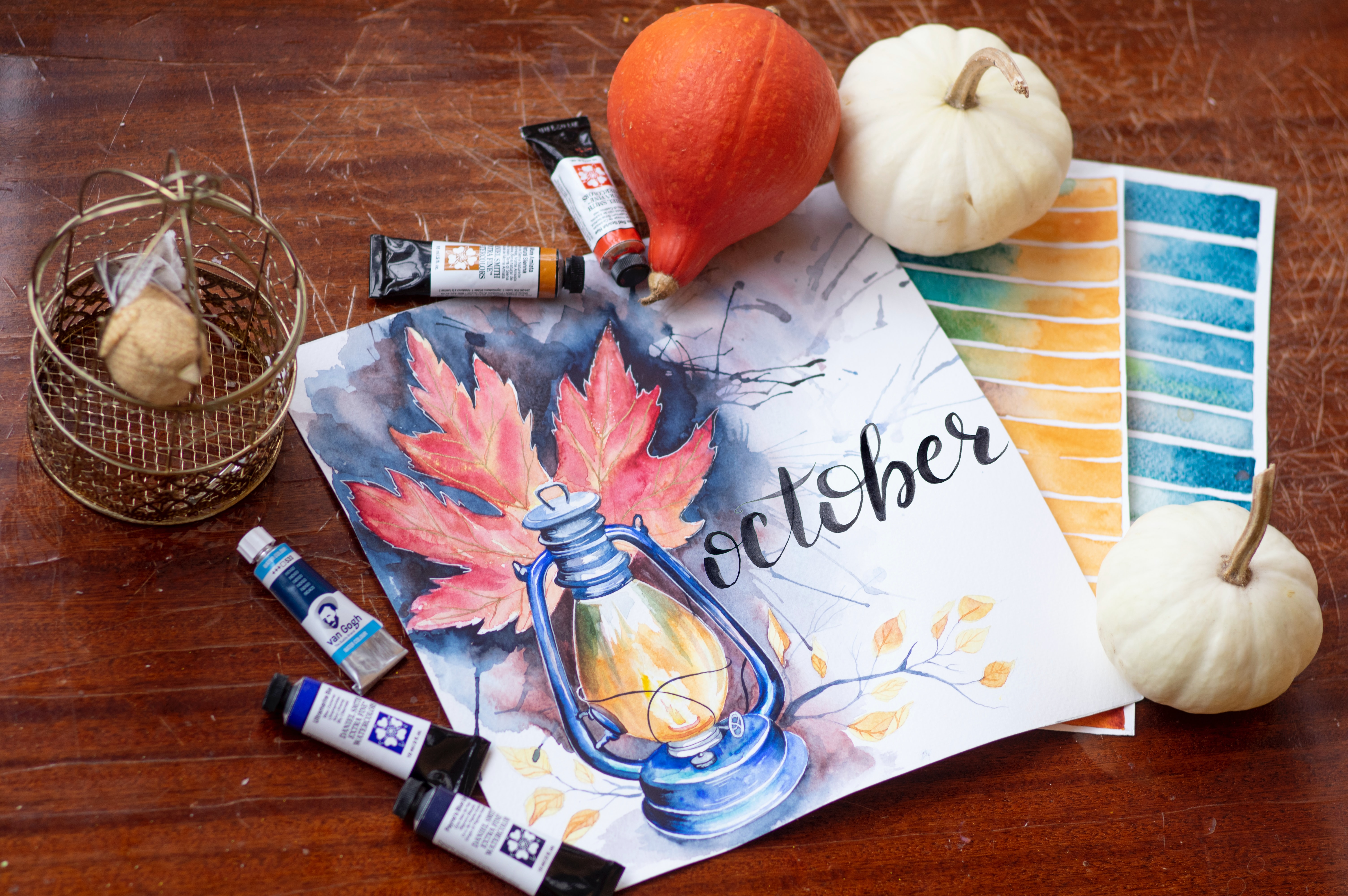 autumn, pumpkin, words, inscription, paints, october