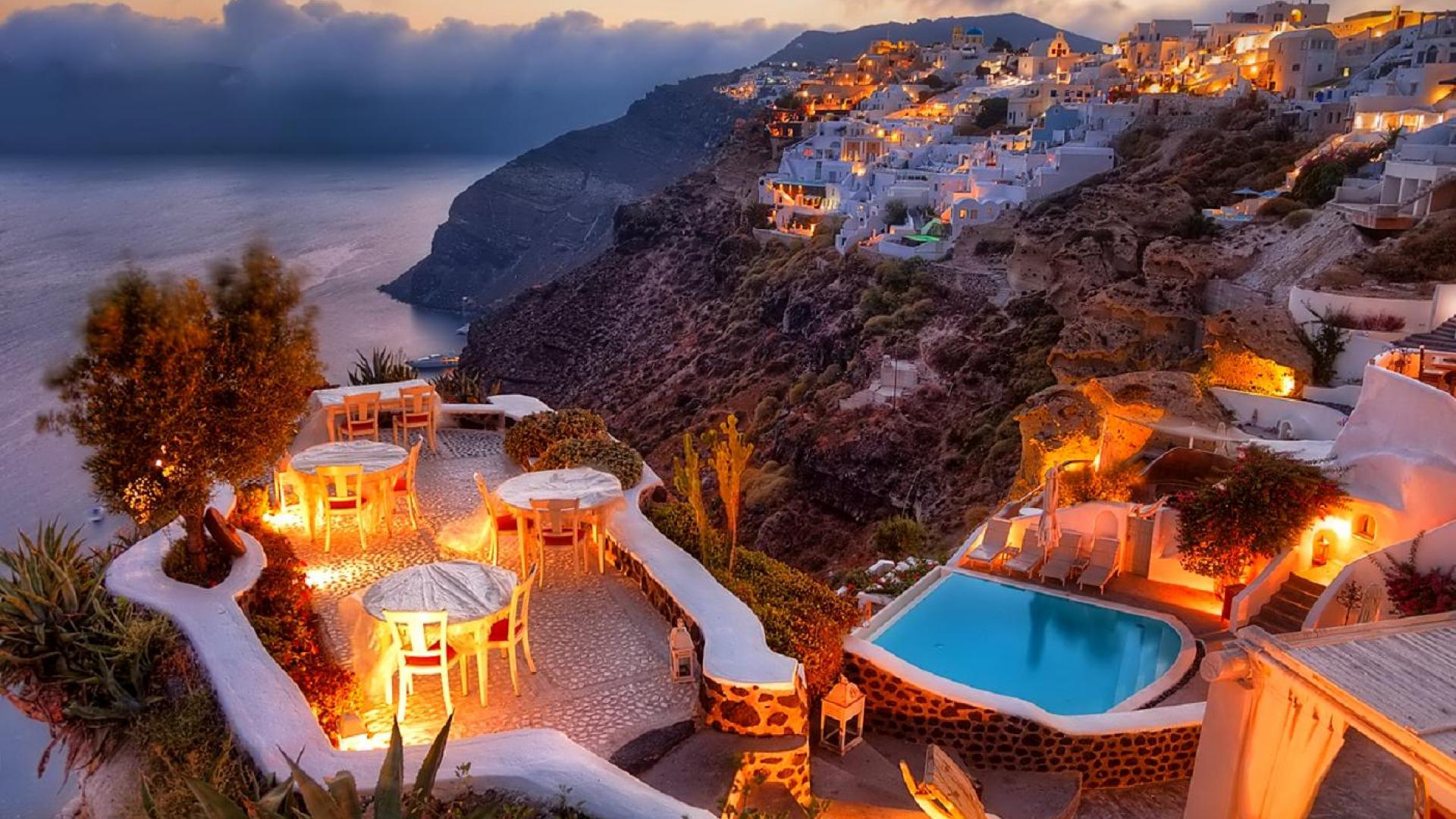 Download mobile wallpaper House, Pool, Greece, Santorini, Man Made for free.