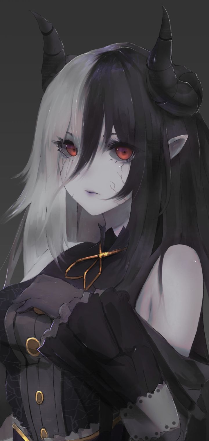 Download mobile wallpaper Anime, Horns, Original, Red Eyes, Black Hair, Two Toned Hair for free.