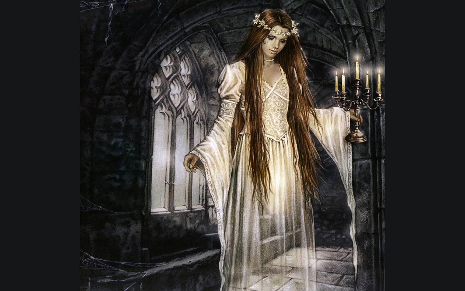 Download mobile wallpaper Fantasy, Gothic, Arch, Candle, Women, Ghost, Castle, Long Hair for free.