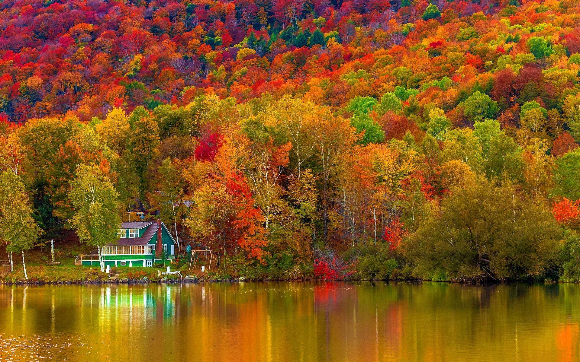 Download mobile wallpaper Lake, Forest, Fall, House, Man Made for free.