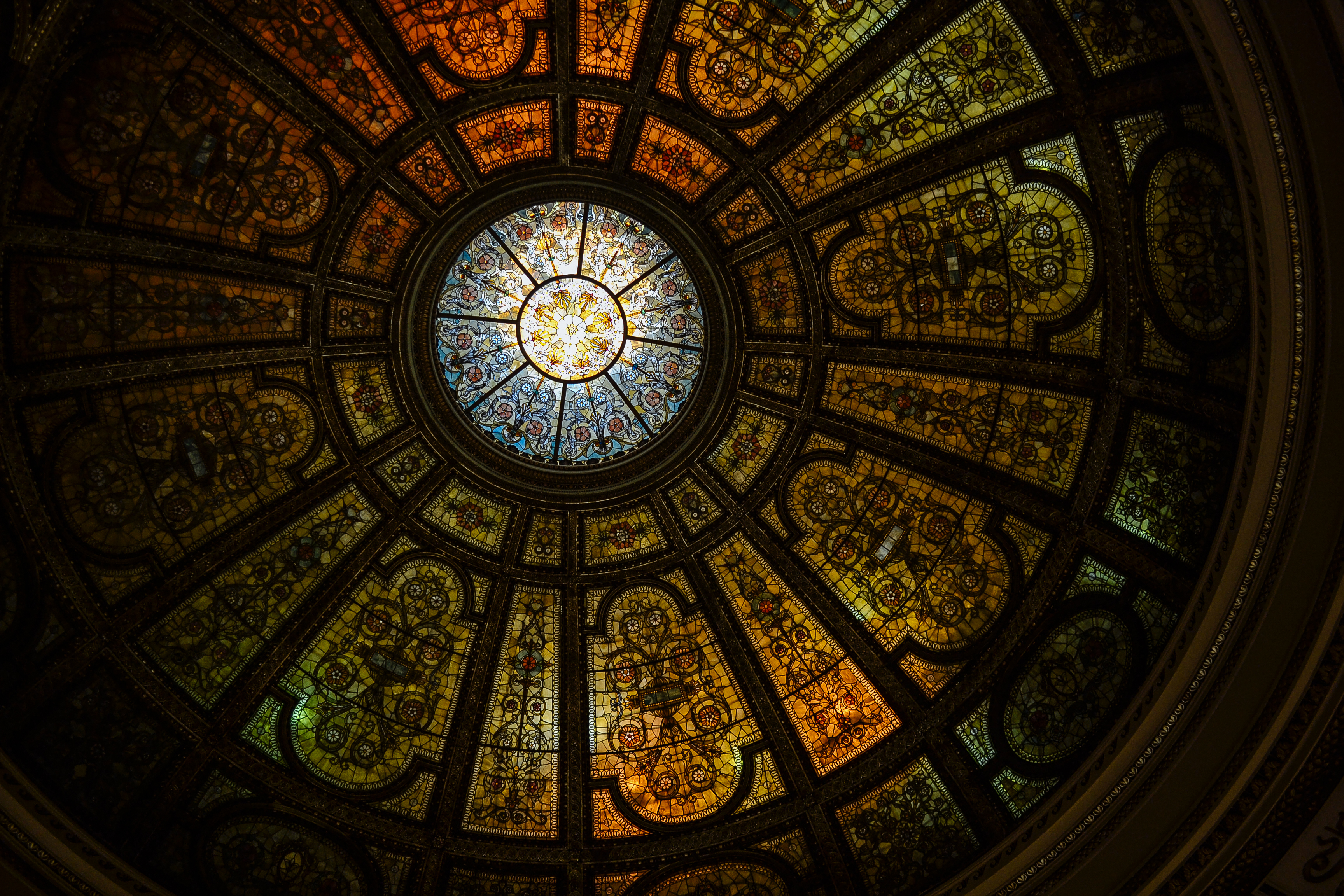 stained glass, photography, architecture, ceiling, colorful, dome