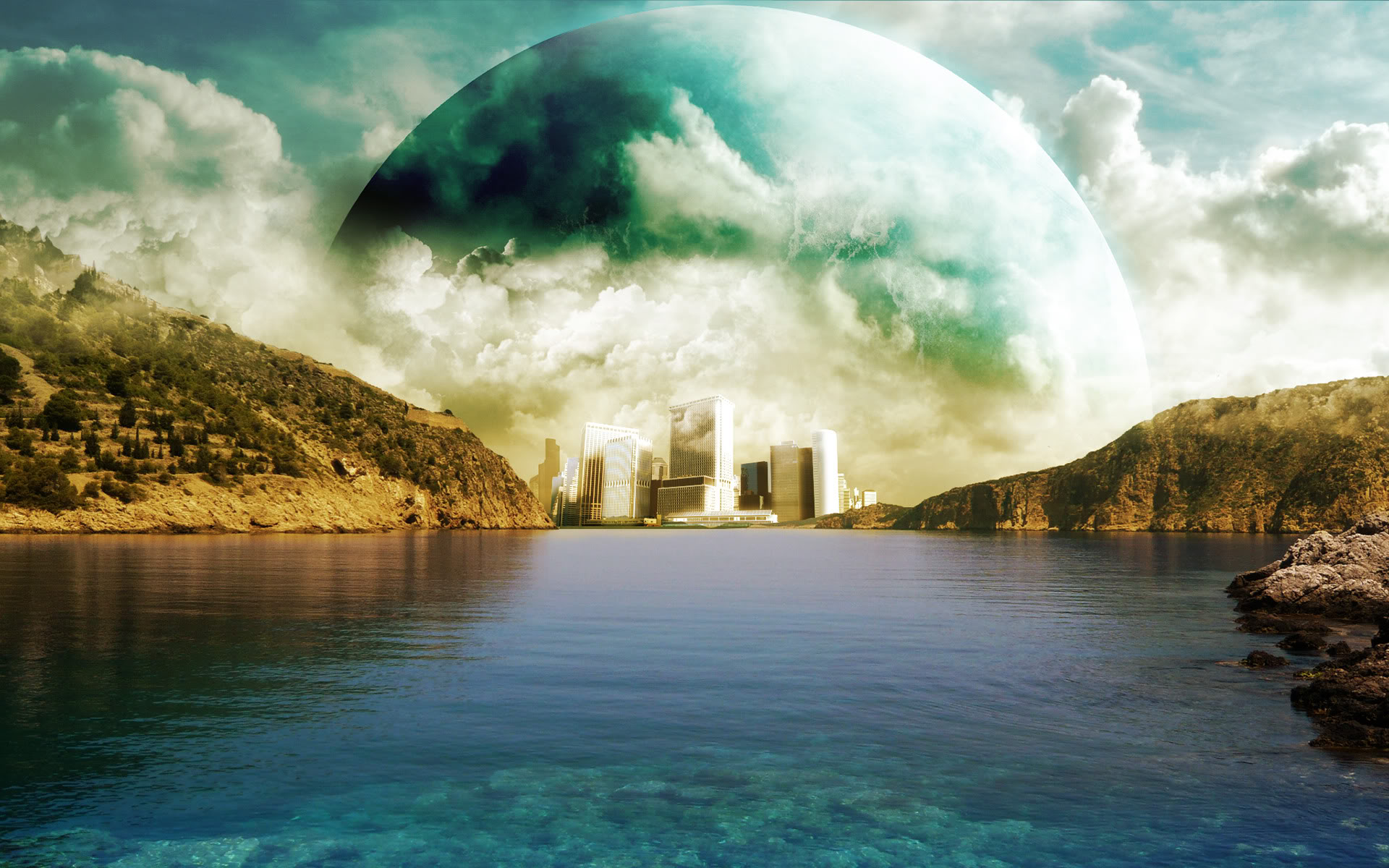 Download mobile wallpaper Water, Planet, Lake, Cloud, City, Sci Fi for free.