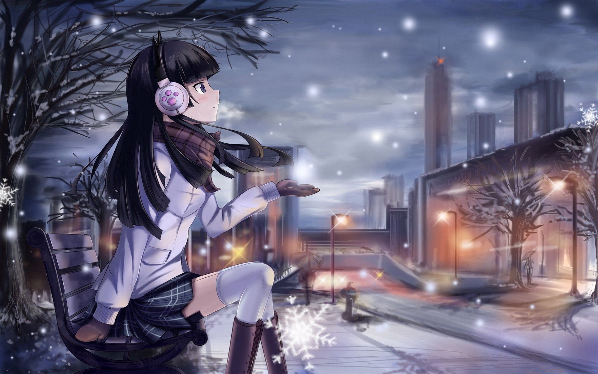 bench, anime, girl, winter, headphones, city, lamp, lantern, cold, snowflake, scarf HD wallpaper