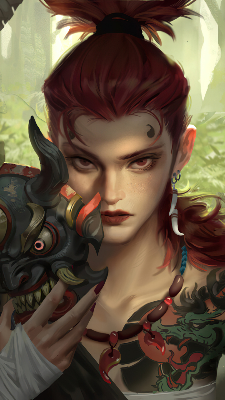 Download mobile wallpaper Fantasy, Mask, Tattoo, Red Eyes, Red Hair, Women Warrior, Woman Warrior for free.