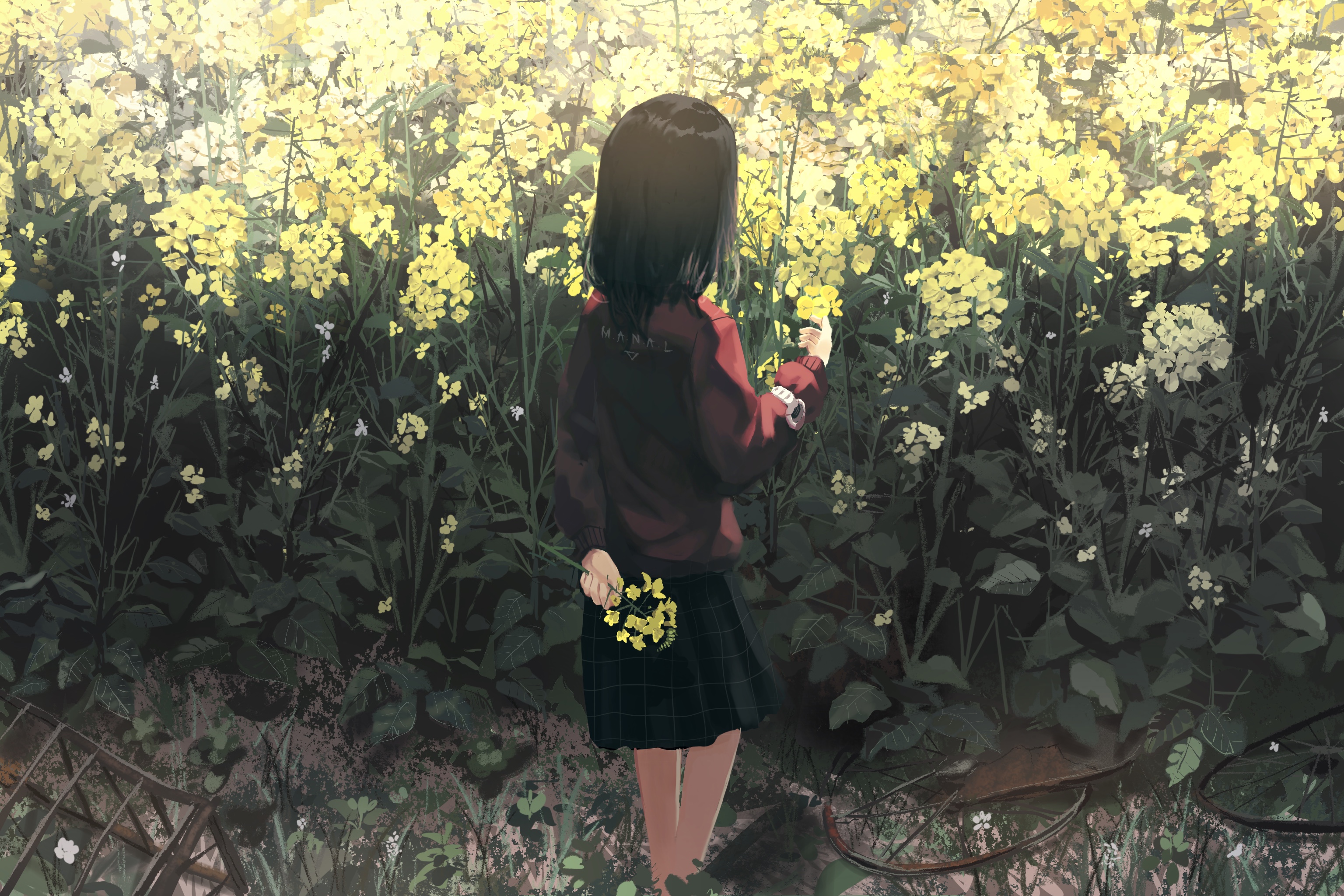 Download mobile wallpaper Anime, Flower, Watch, Yellow Flower, Original, Black Hair, Short Hair for free.