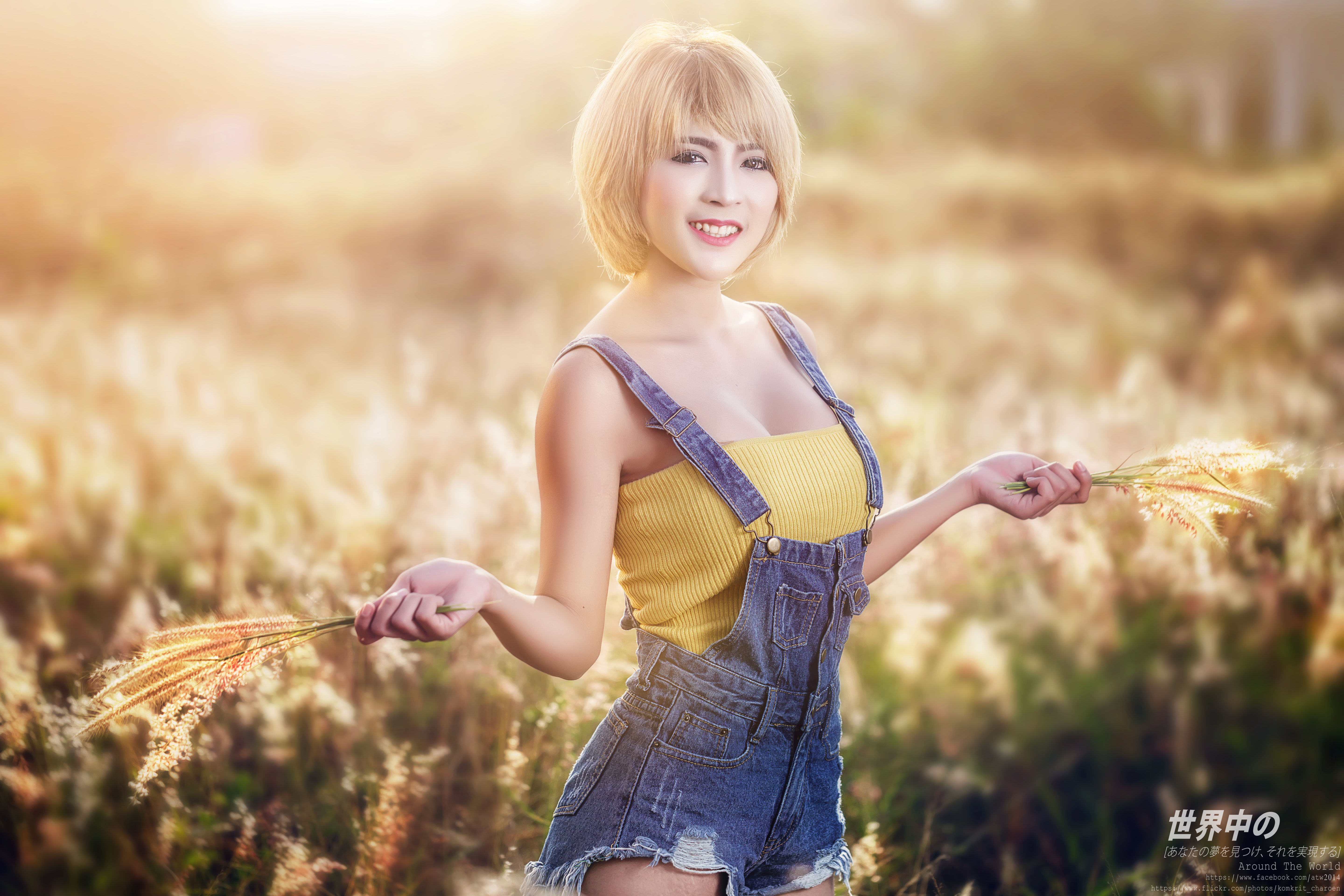 Download mobile wallpaper Summer, Smile, Blonde, Model, Women, Asian, Brown Eyes, Short Hair, Depth Of Field for free.