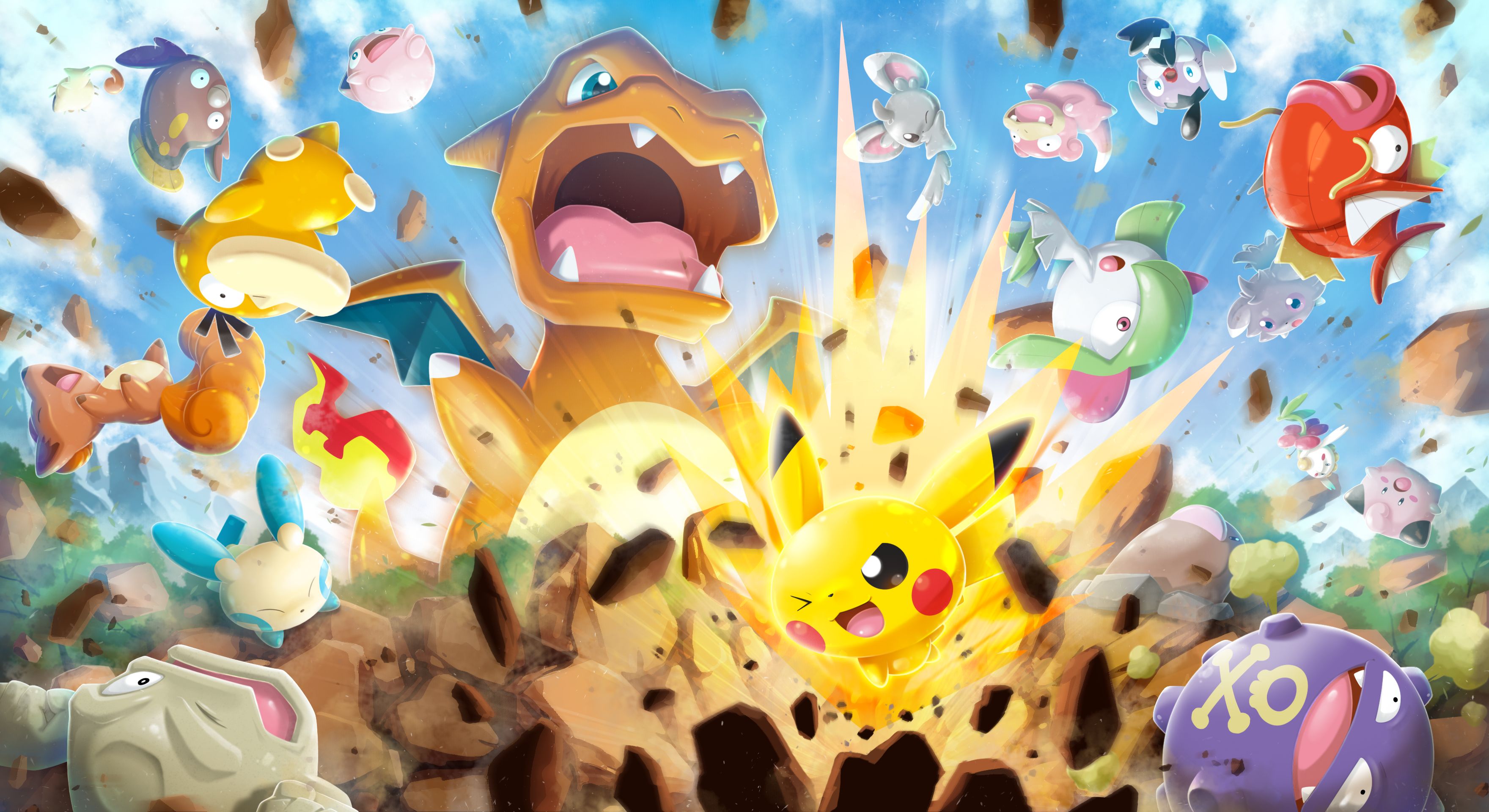 944404 descargar fondo de pantalla pokemon sukuranburu sp, videojuego, charizard (pokémon), geodude (pokémon), jigglypuff (pokémon), koffing (pokémon), magikarp (pokémon), meowth (pokémon), minun (pokémon), pikachu, pokémon, psyduck (pokémon), lentitud (pokémon), vulpix (pokémon): protectores de pantalla e imágenes gratis